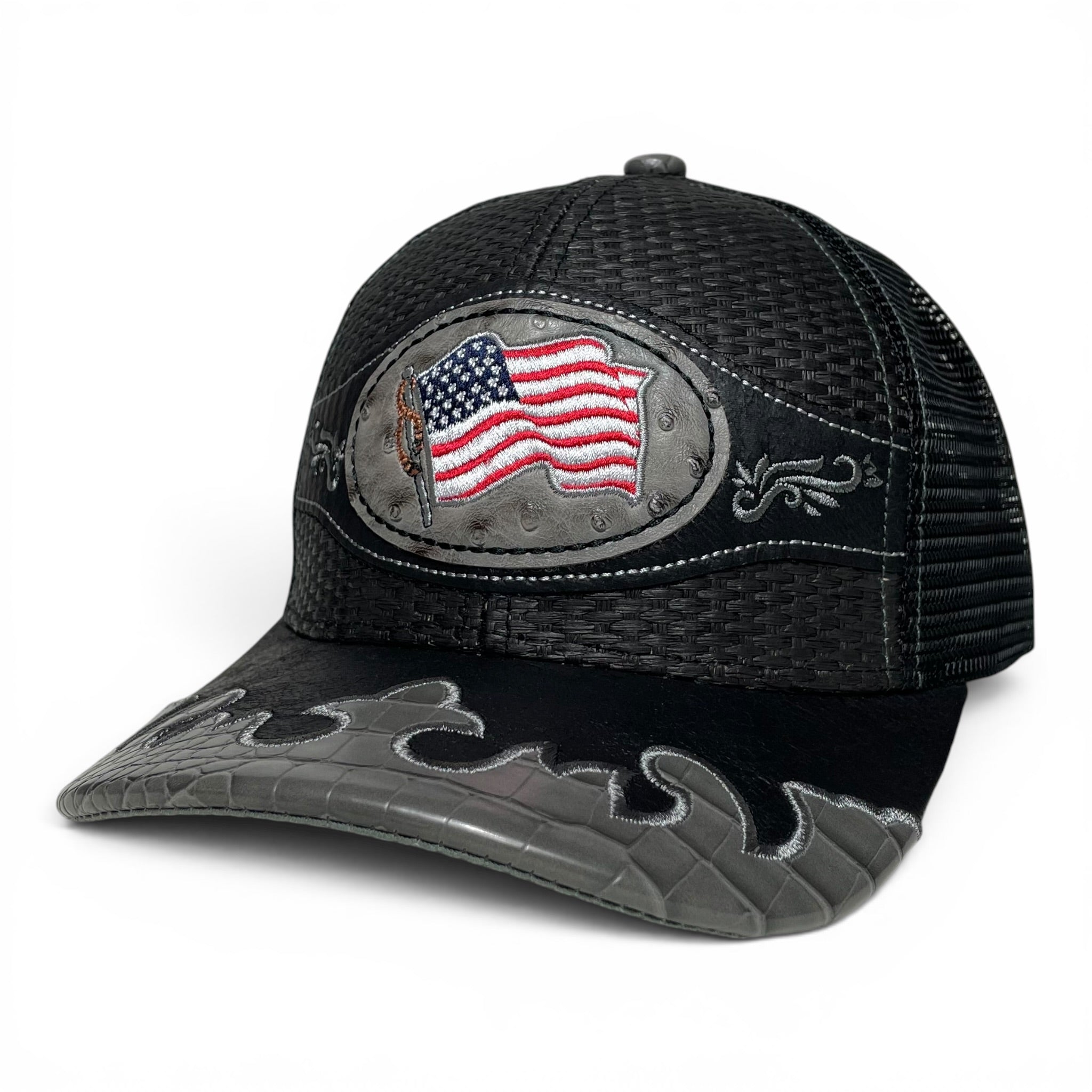 USA American Flag Leather Embroidered Patch Snapback Cap, Straw, Rodeo Style