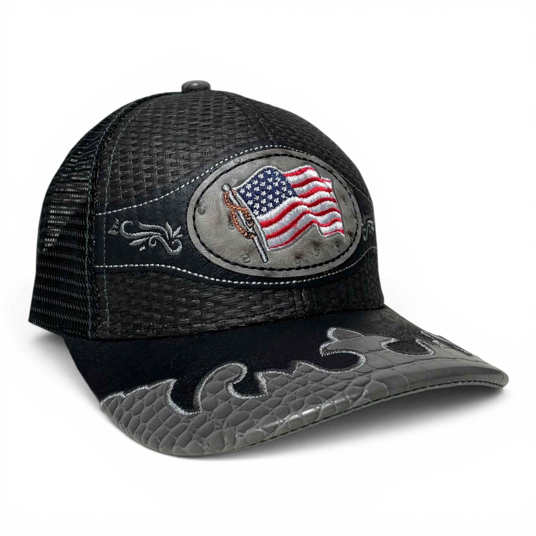 USA American Flag Leather Embroidered Patch Snapback Cap, Straw, Rodeo Style