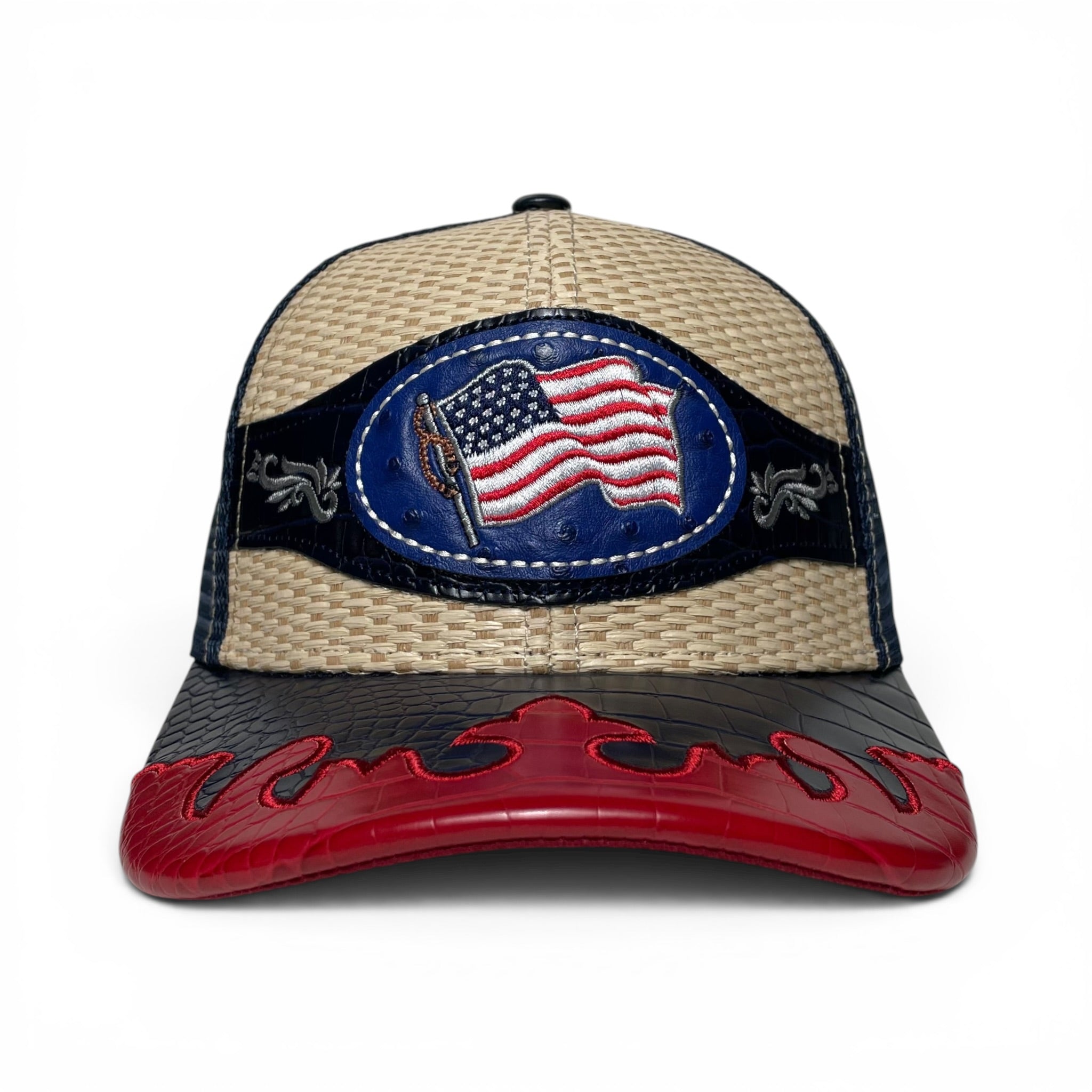American Flag Leather Embroidered Patch Snapback Cap, Straw, Rodeo Style