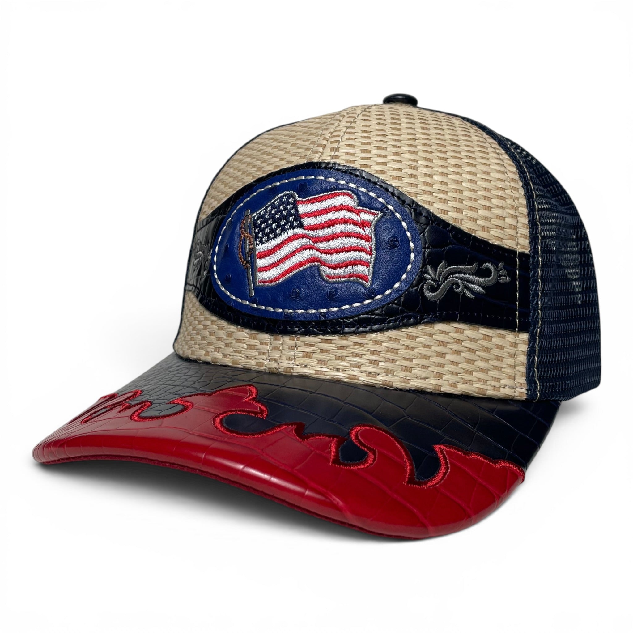 American Flag Leather Embroidered Patch Snapback Cap, Straw, Rodeo Style