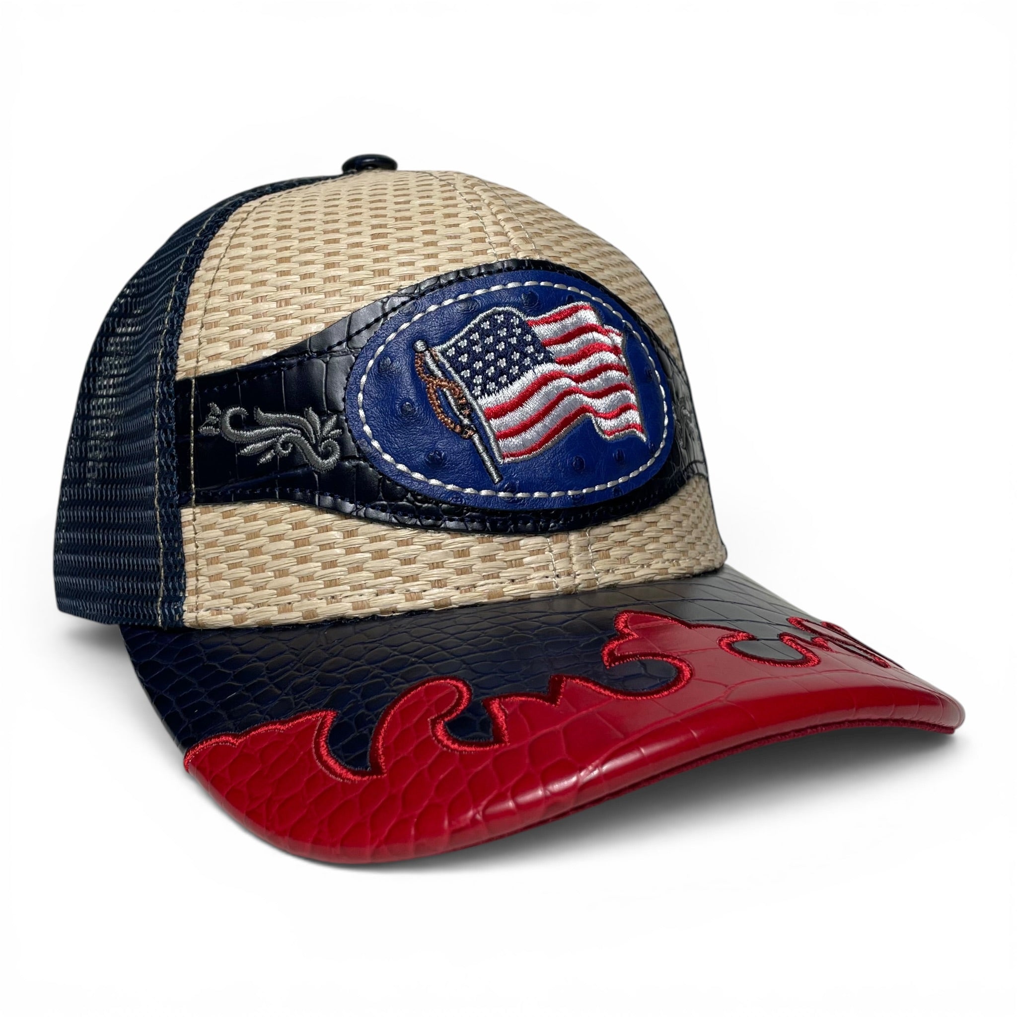 American Flag Leather Embroidered Patch Snapback Cap, Straw, Rodeo Style