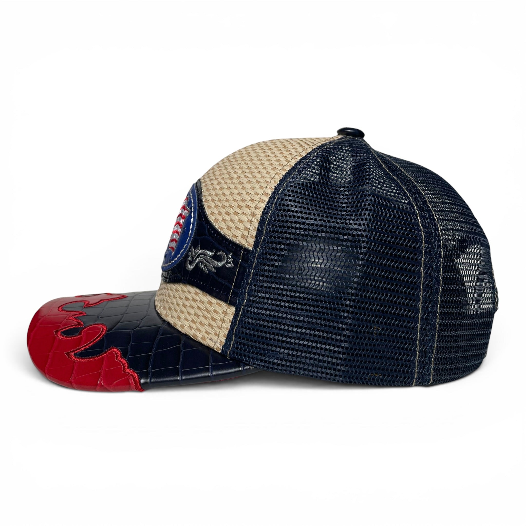 American Flag Leather Embroidered Patch Snapback Cap, Straw, Rodeo Style