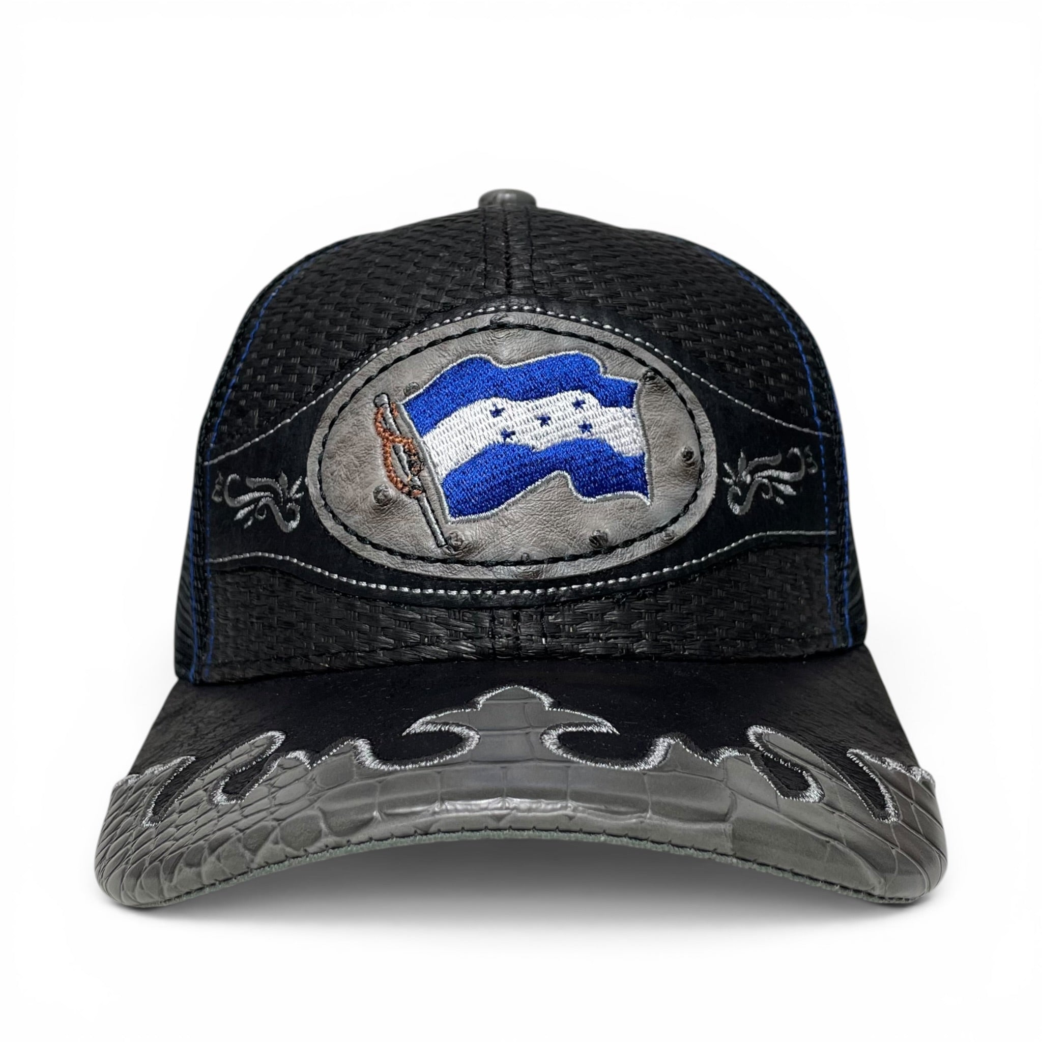Gorra Bandera de Honduras Parche de Cuero Bordado, Negra, Estilo Vaquero