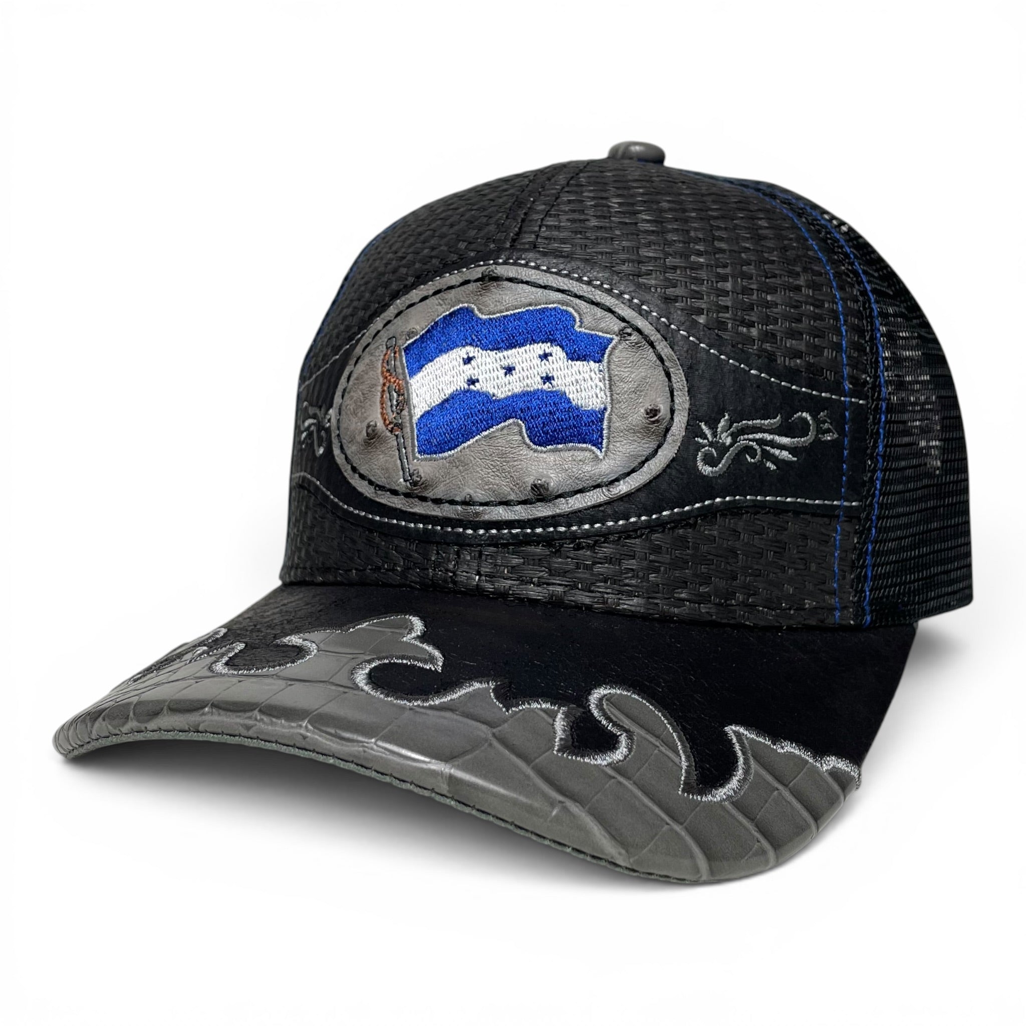 Gorra Bandera de Honduras Parche de Cuero Bordado, Negra, Estilo Vaquero