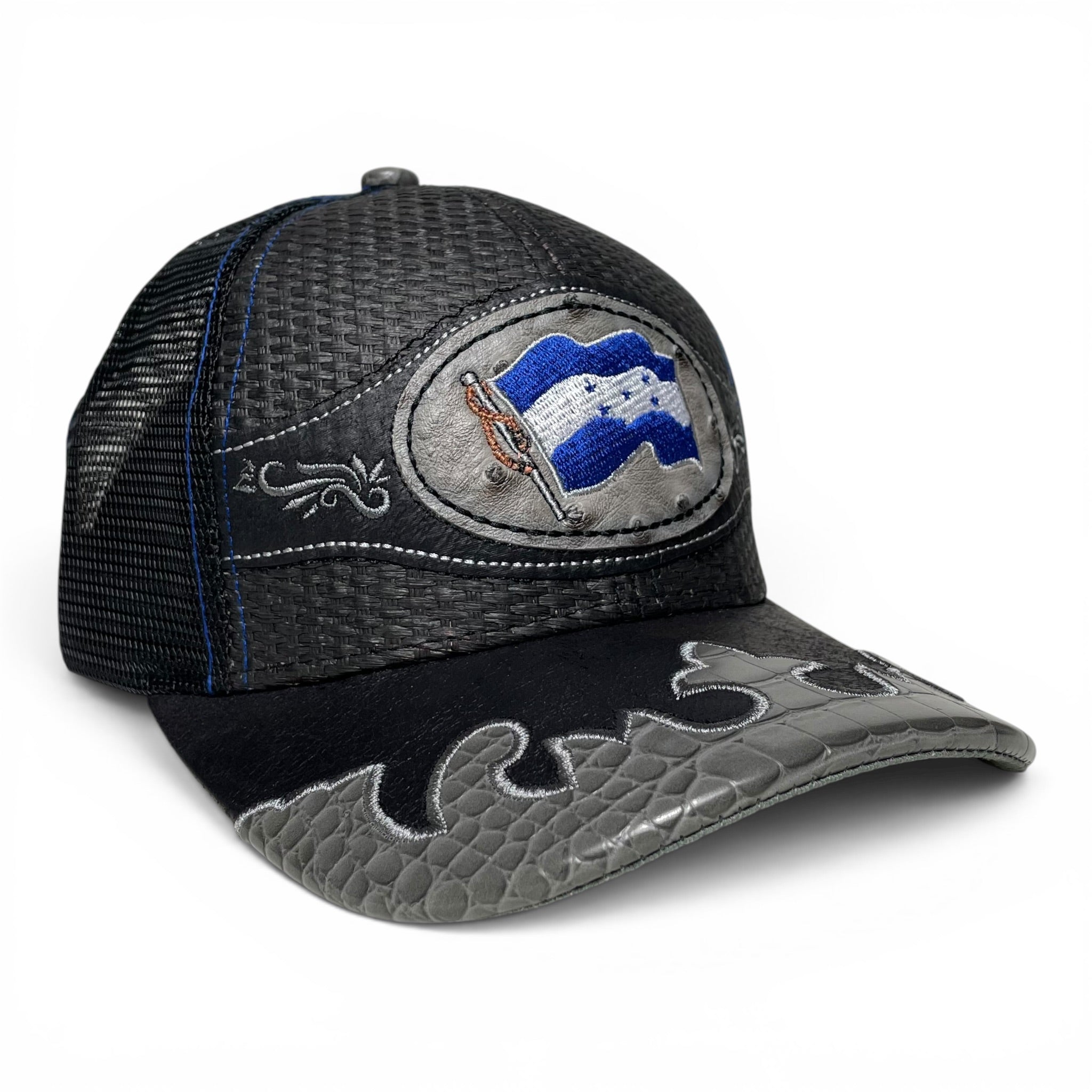 Gorra Bandera de Honduras Parche de Cuero Bordado, Negra, Estilo Vaquero