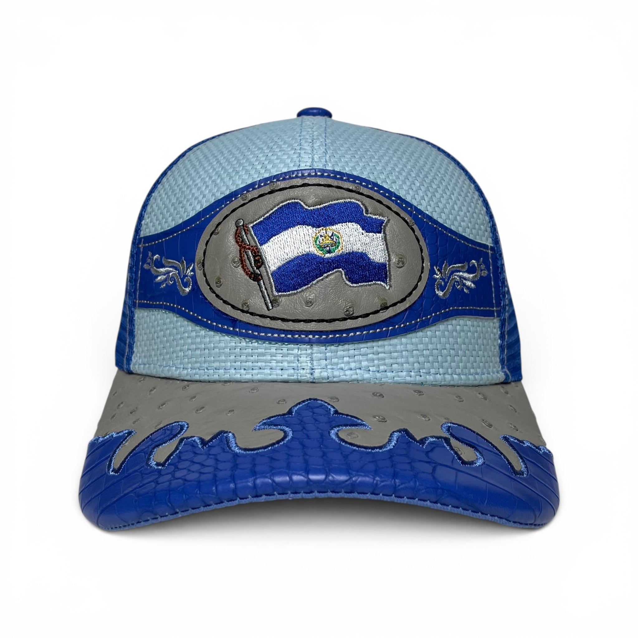 Gorra El Salvador Bandera Bordada, Parche de Cuero, Azul, Estilo Vaquero