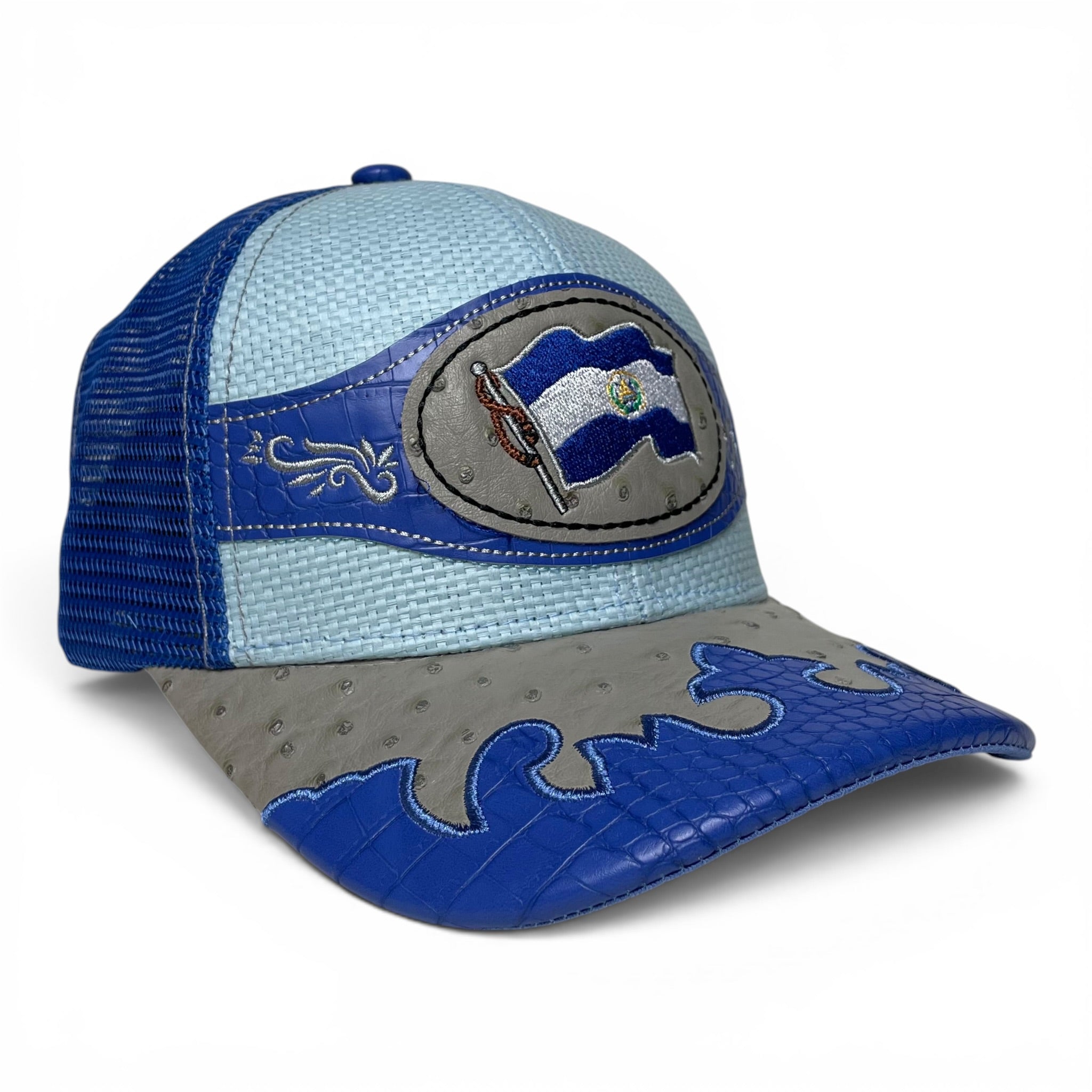 Gorra El Salvador Bandera Bordada, Parche de Cuero, Azul, Estilo Vaquero