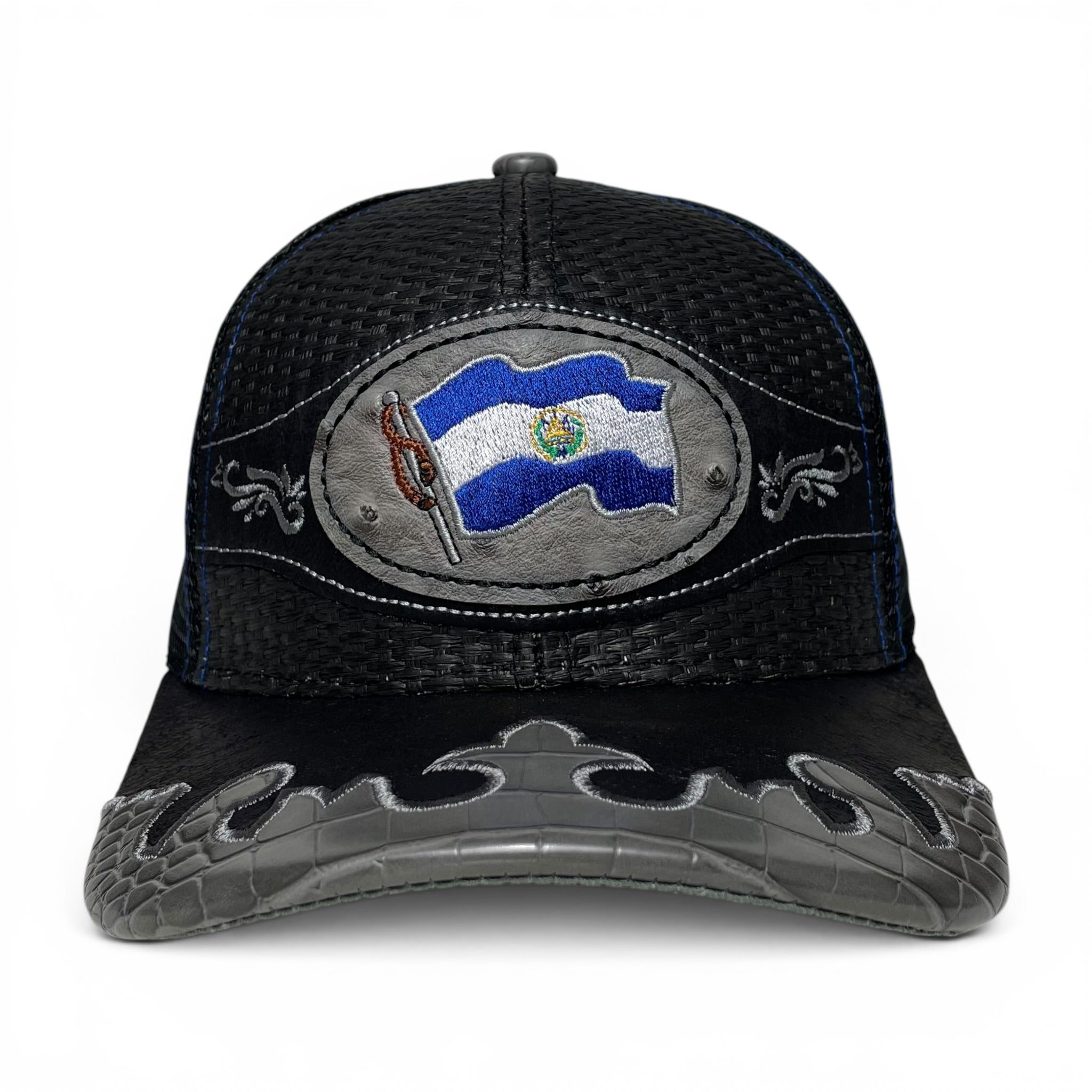Gorra El Salvador Bandera Bordada, Parche de Cuero, Tipo Paja, Estilo Vaquero