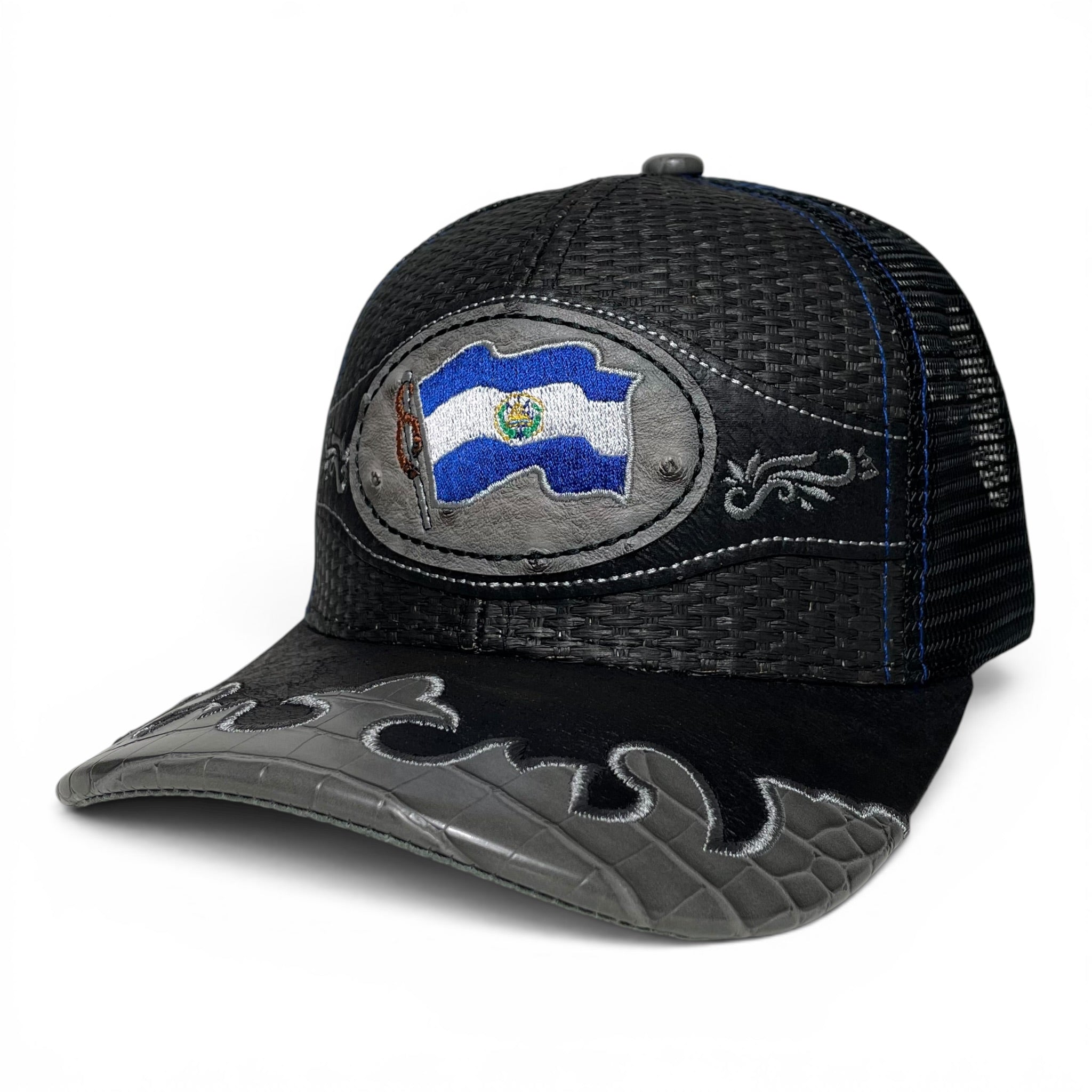 Gorra El Salvador Bandera Bordada, Parche de Cuero, Tipo Paja, Estilo Vaquero