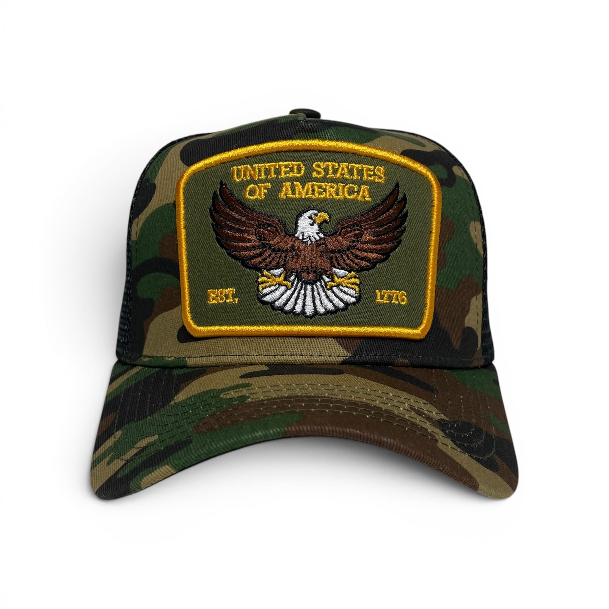 USA Eagle EST. 1776 Camouflage Snapback Trucker Hat, Camo, Curved Brim