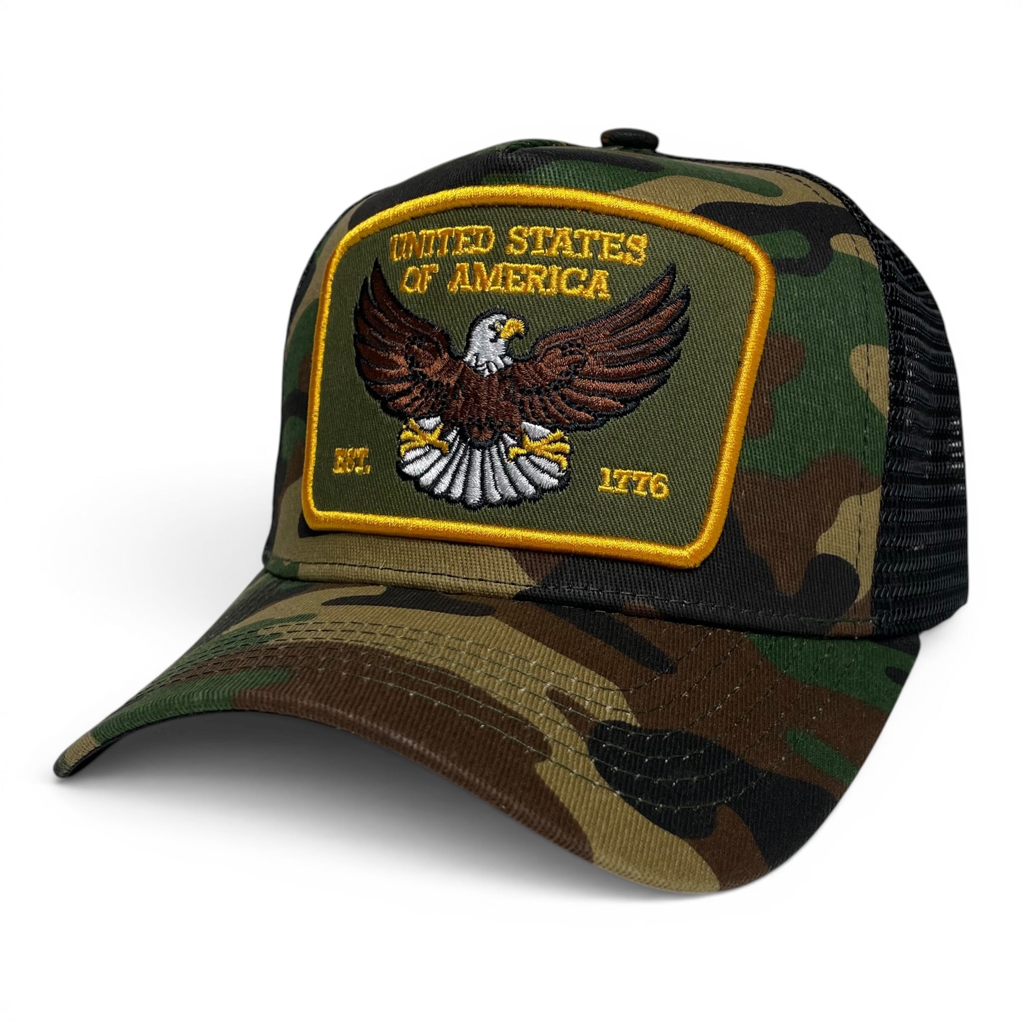 USA Eagle EST. 1776 Camouflage Snapback Trucker Hat, Camo, Curved Brim