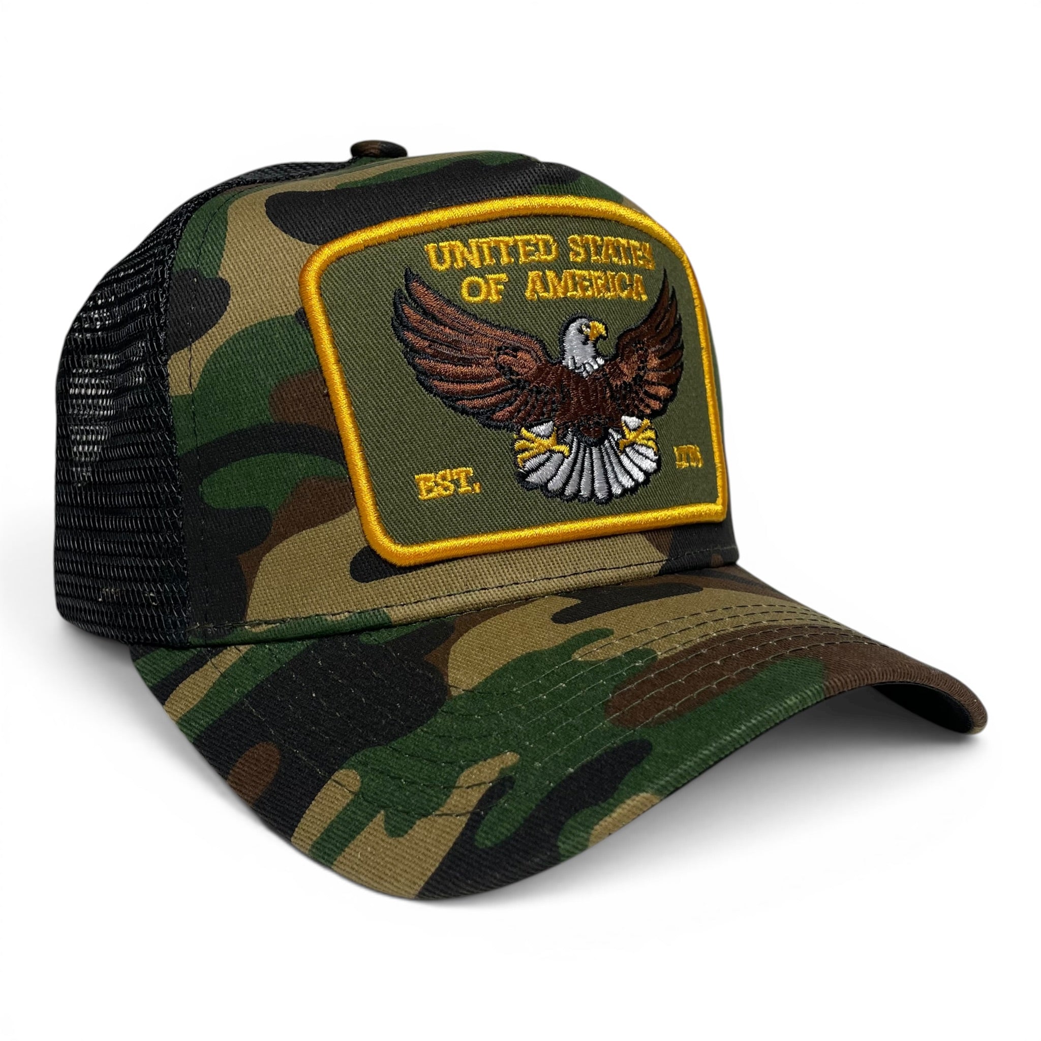 USA Eagle EST. 1776 Camouflage Snapback Trucker Hat, Camo, Curved Brim