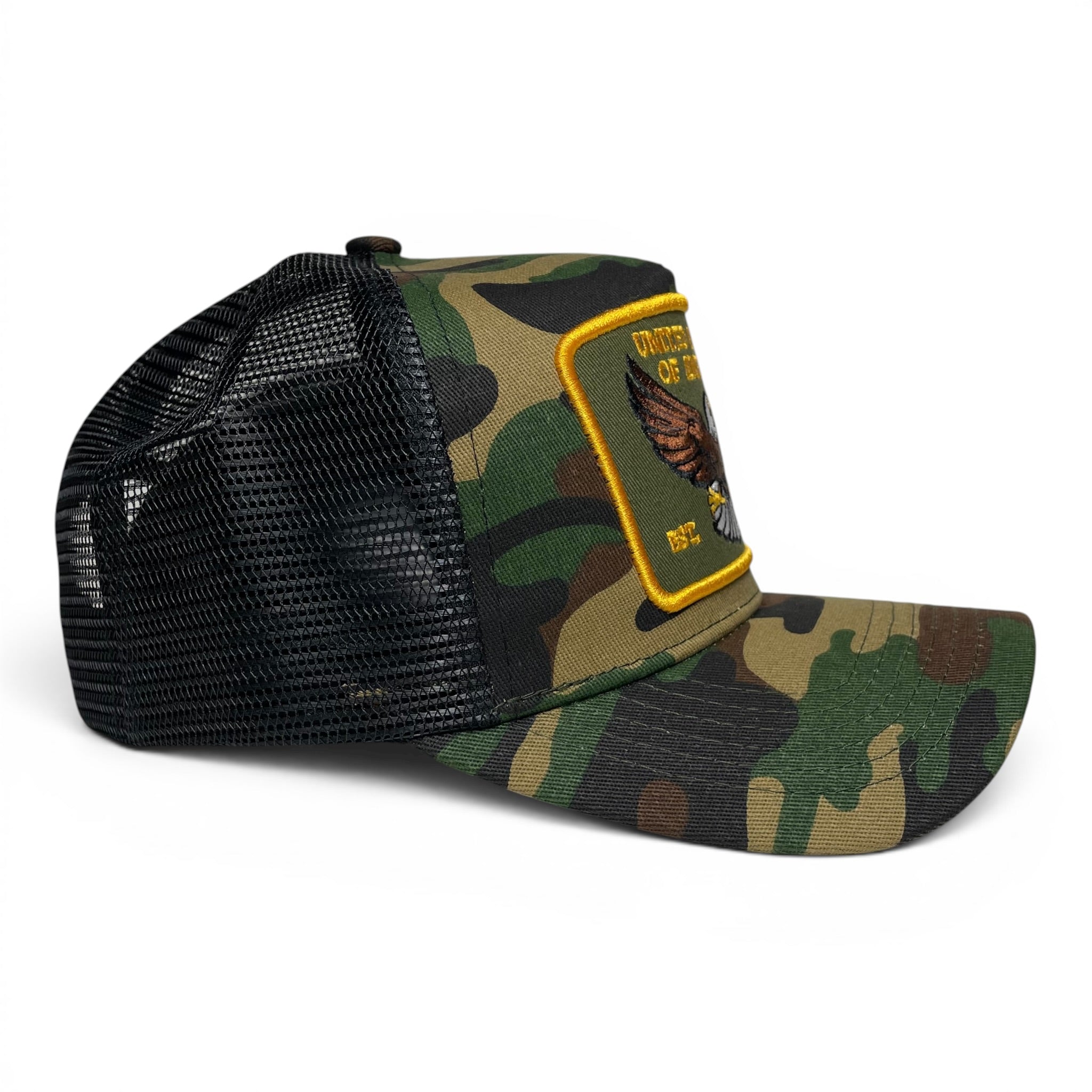 USA Eagle EST. 1776 Camouflage Snapback Trucker Hat, Camo, Curved Brim