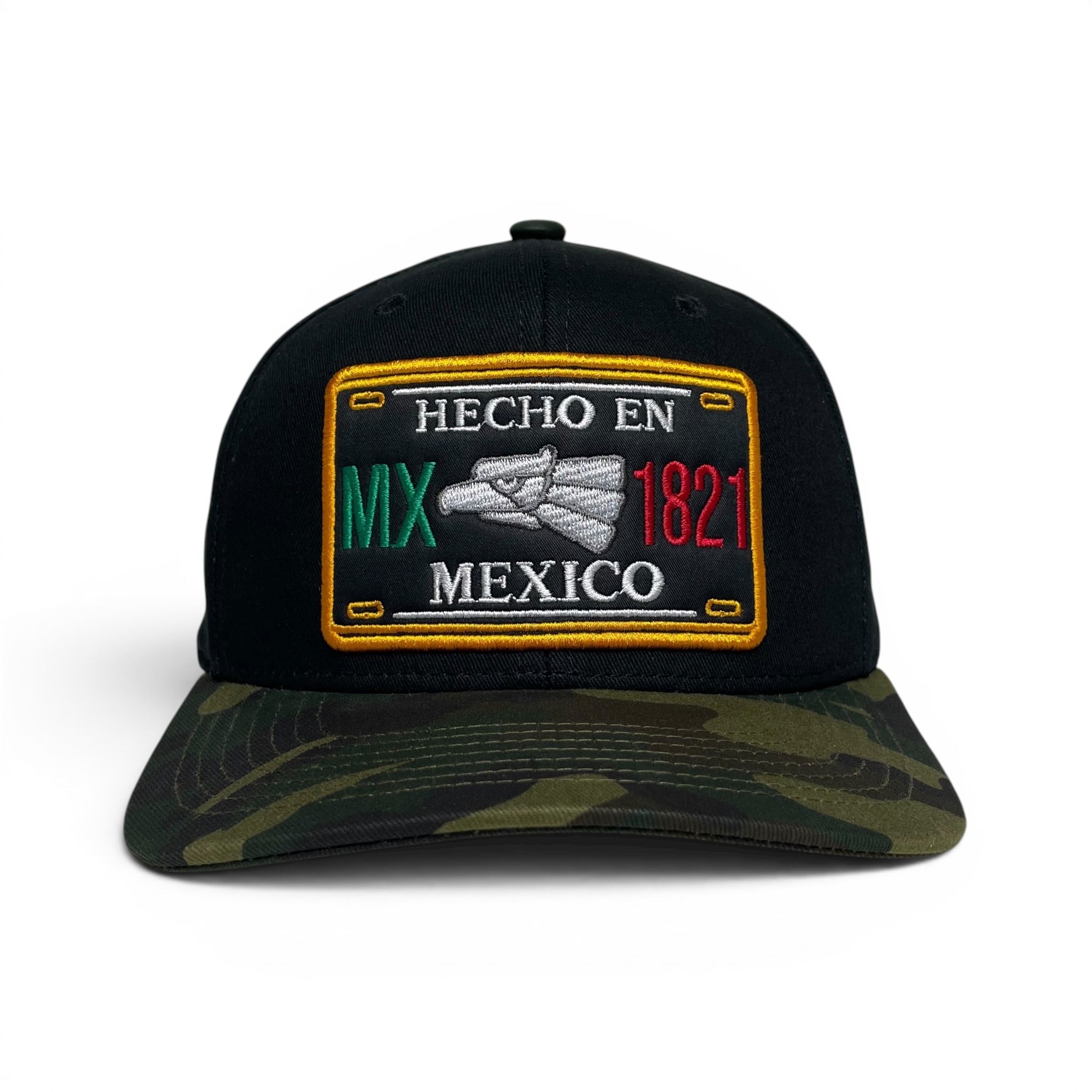 Hecho en Mexico Eagle Embroidered Snapback Cap, Flat Brim, Black/Camo