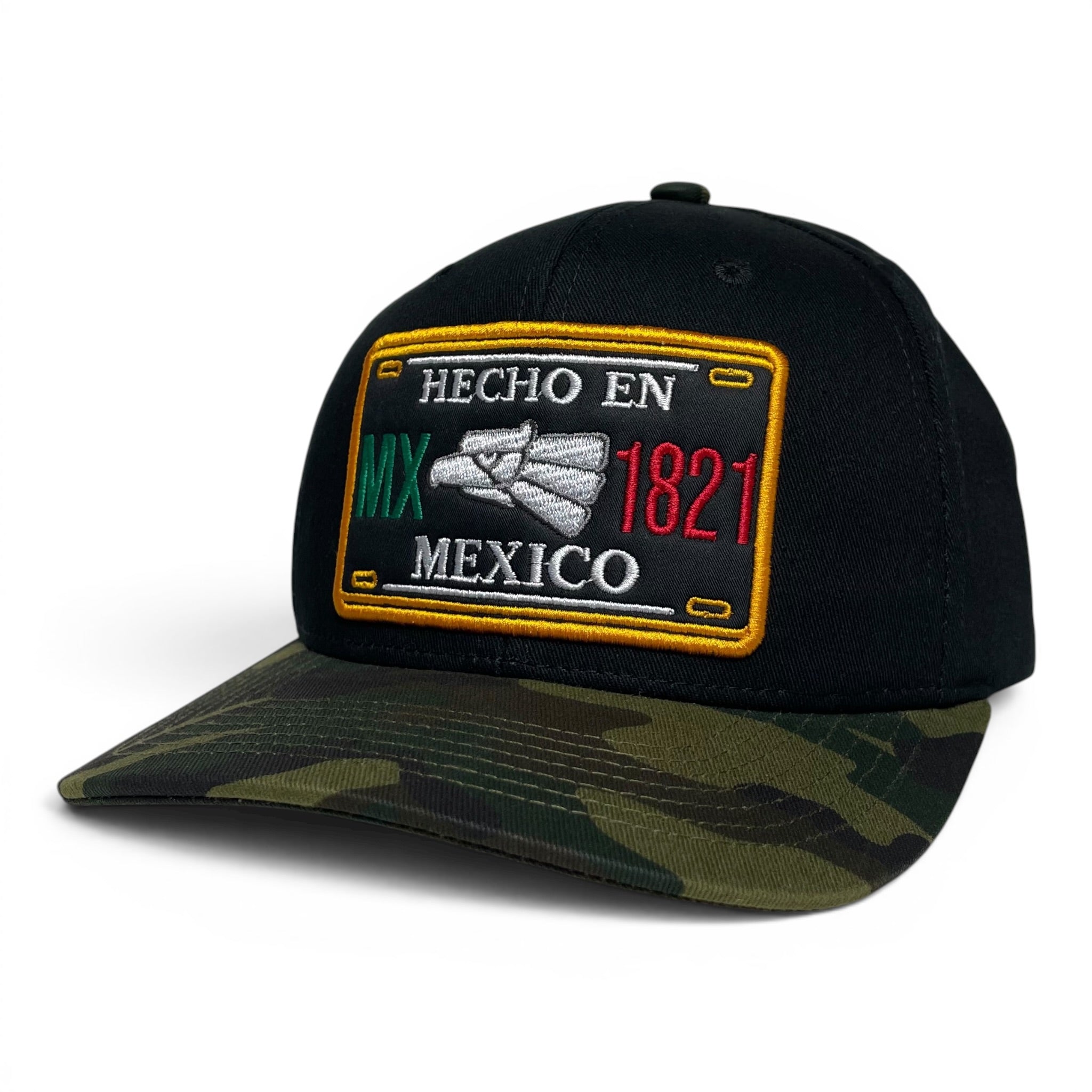 Hecho en Mexico Eagle Embroidered Snapback Cap, Flat Brim, Black/Camo