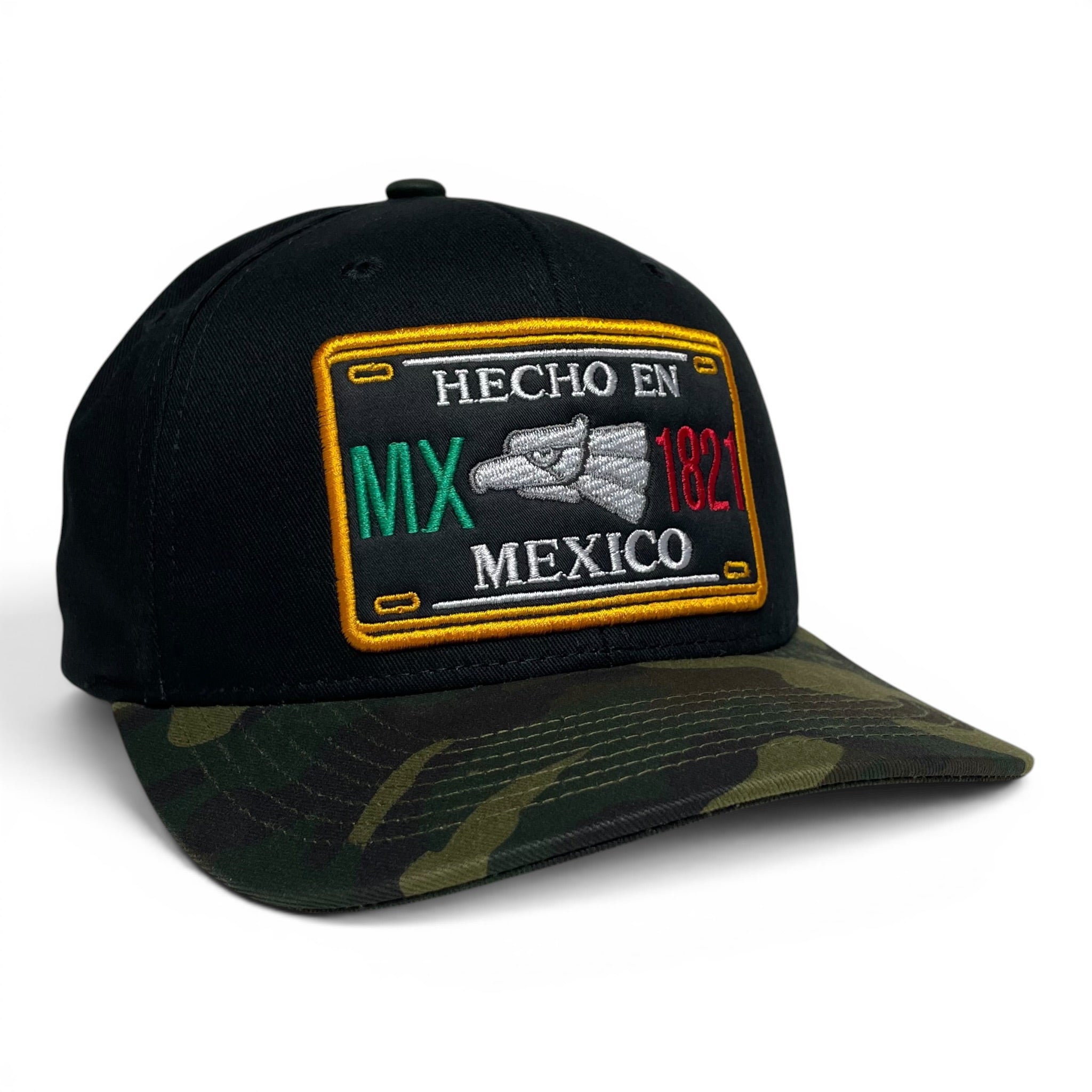 Hecho en Mexico Eagle Embroidered Snapback Cap, Flat Brim, Black/Camo