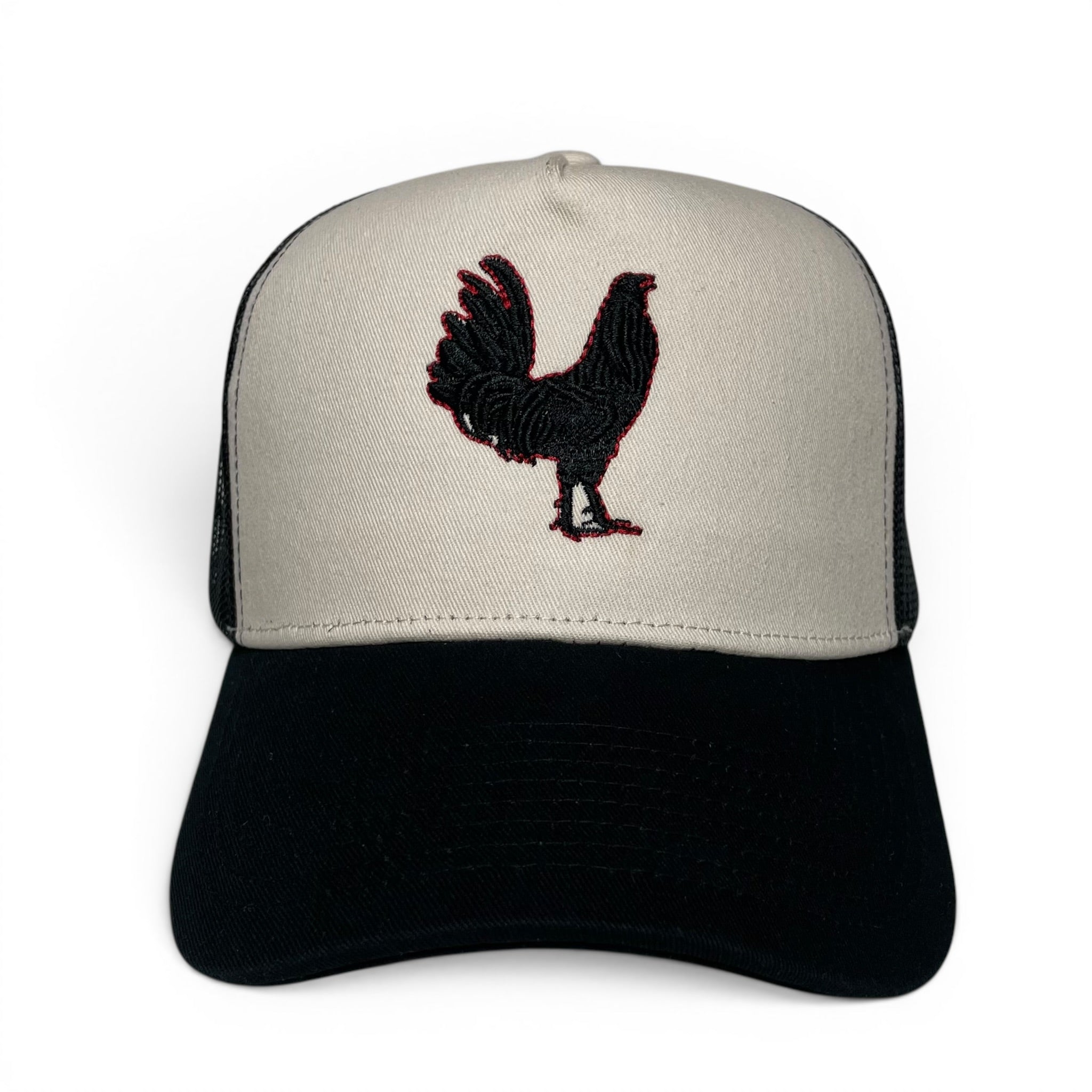 Rooster Embroidered Beige & Black Trucker Snapback Hat