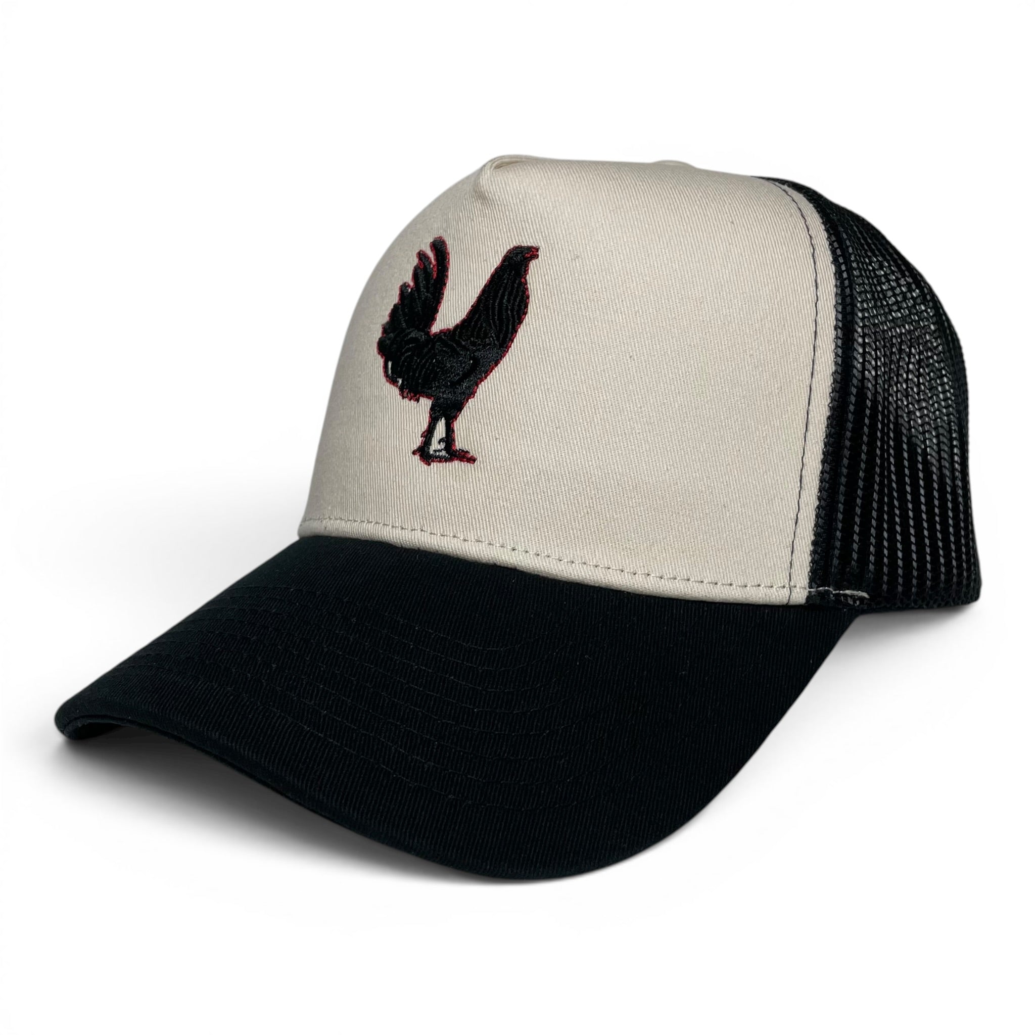 Rooster Embroidered Beige & Black Trucker Snapback Hat