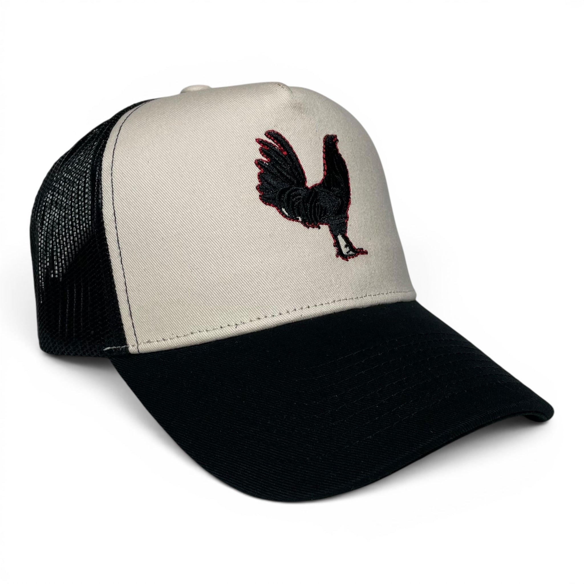 Rooster Embroidered Beige & Black Trucker Snapback Hat