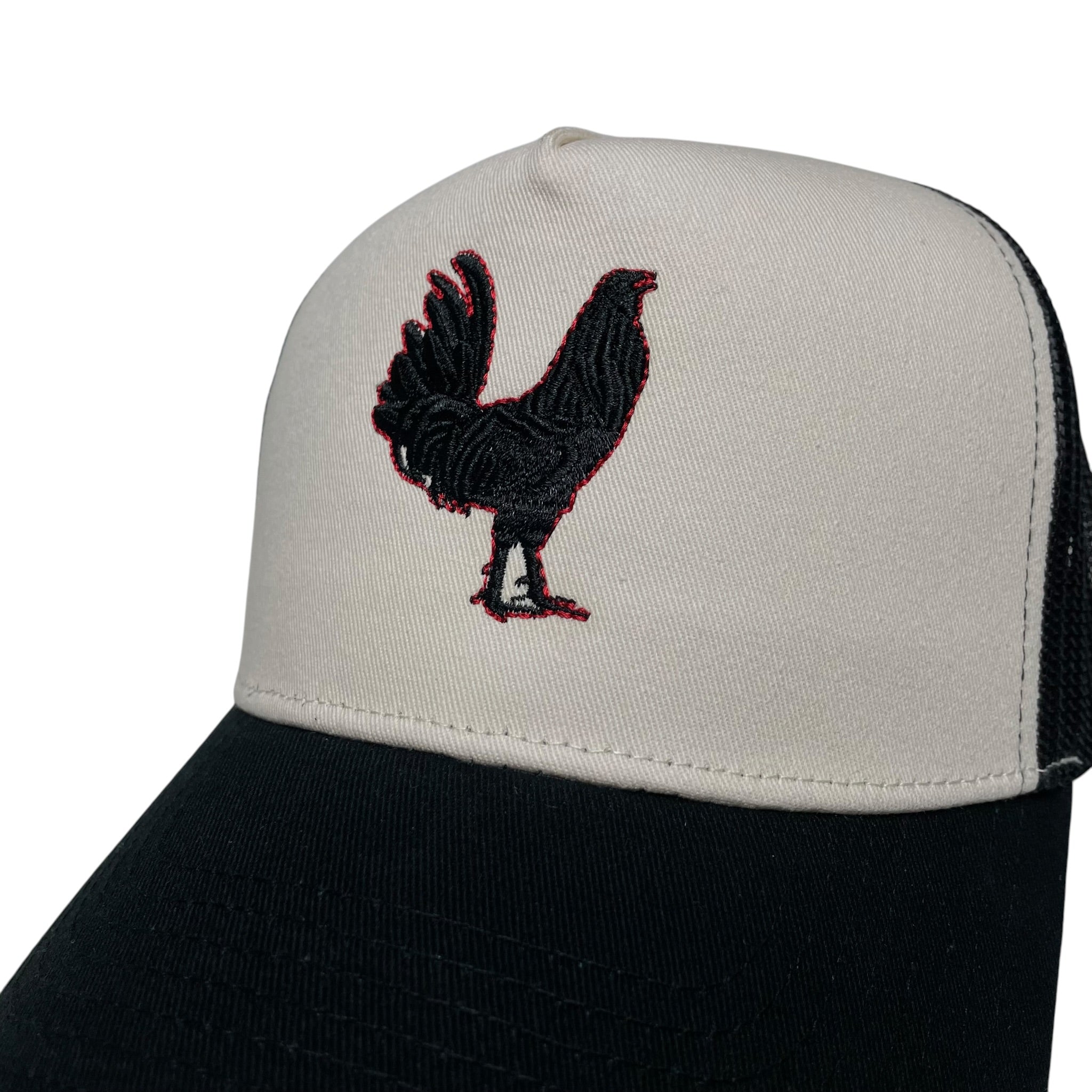 Rooster Embroidered Beige & Black Trucker Snapback Hat