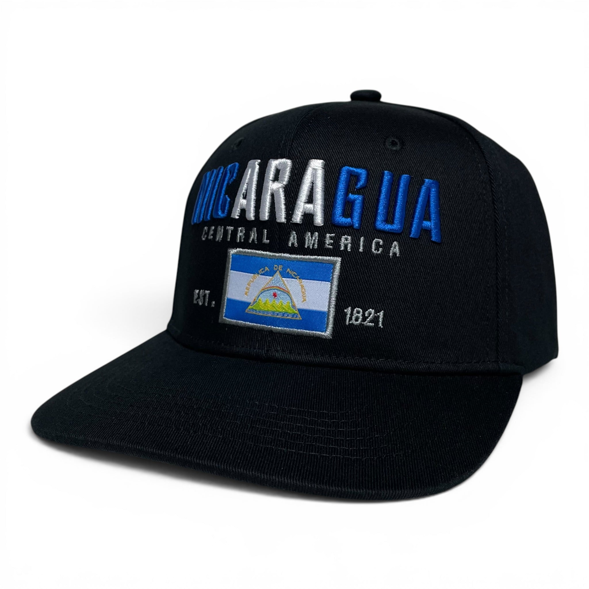 Gorra de Baseball Snapback Negra con Bandera de Nicaragua - Visera Plana