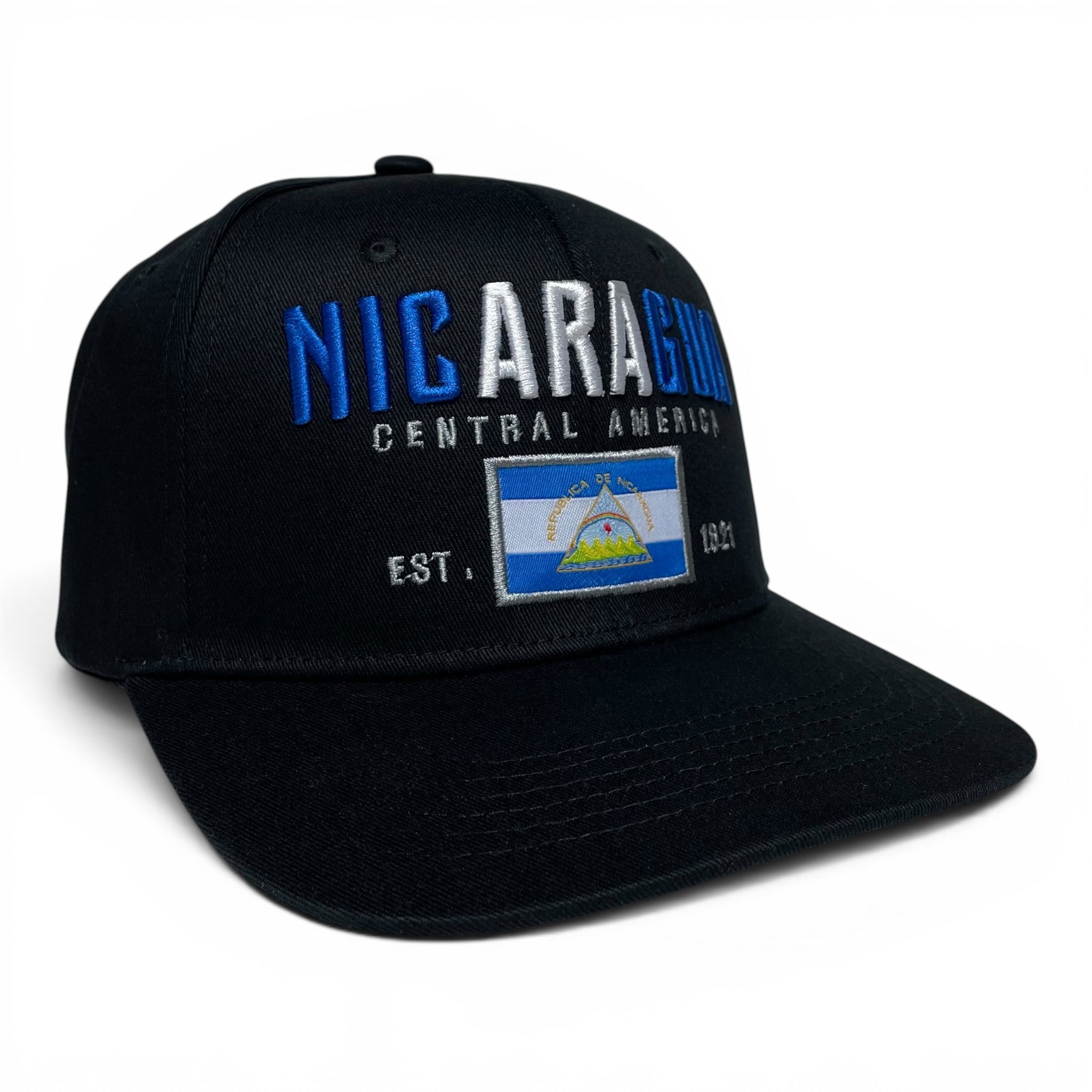 Gorra de Baseball Snapback Negra con Bandera de Nicaragua - Visera Plana
