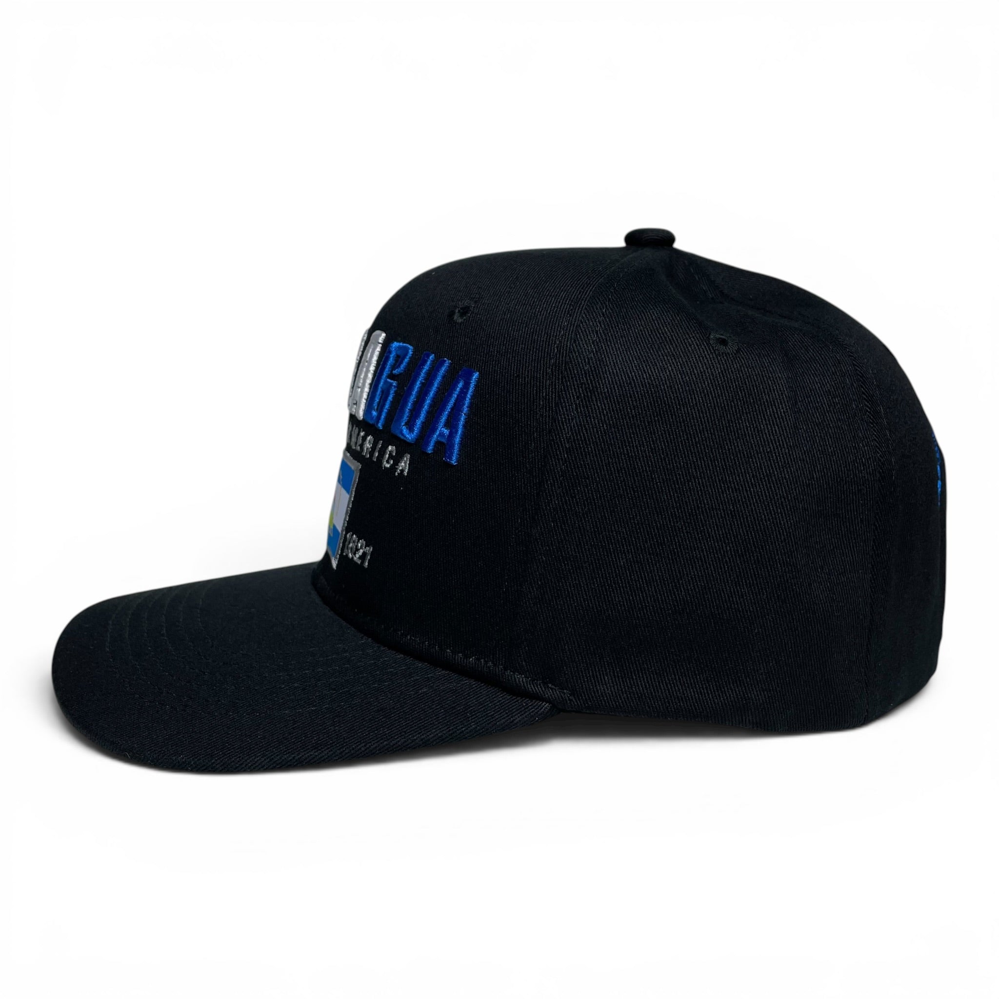 Gorra de Baseball Snapback Negra con Bandera de Nicaragua - Visera Plana