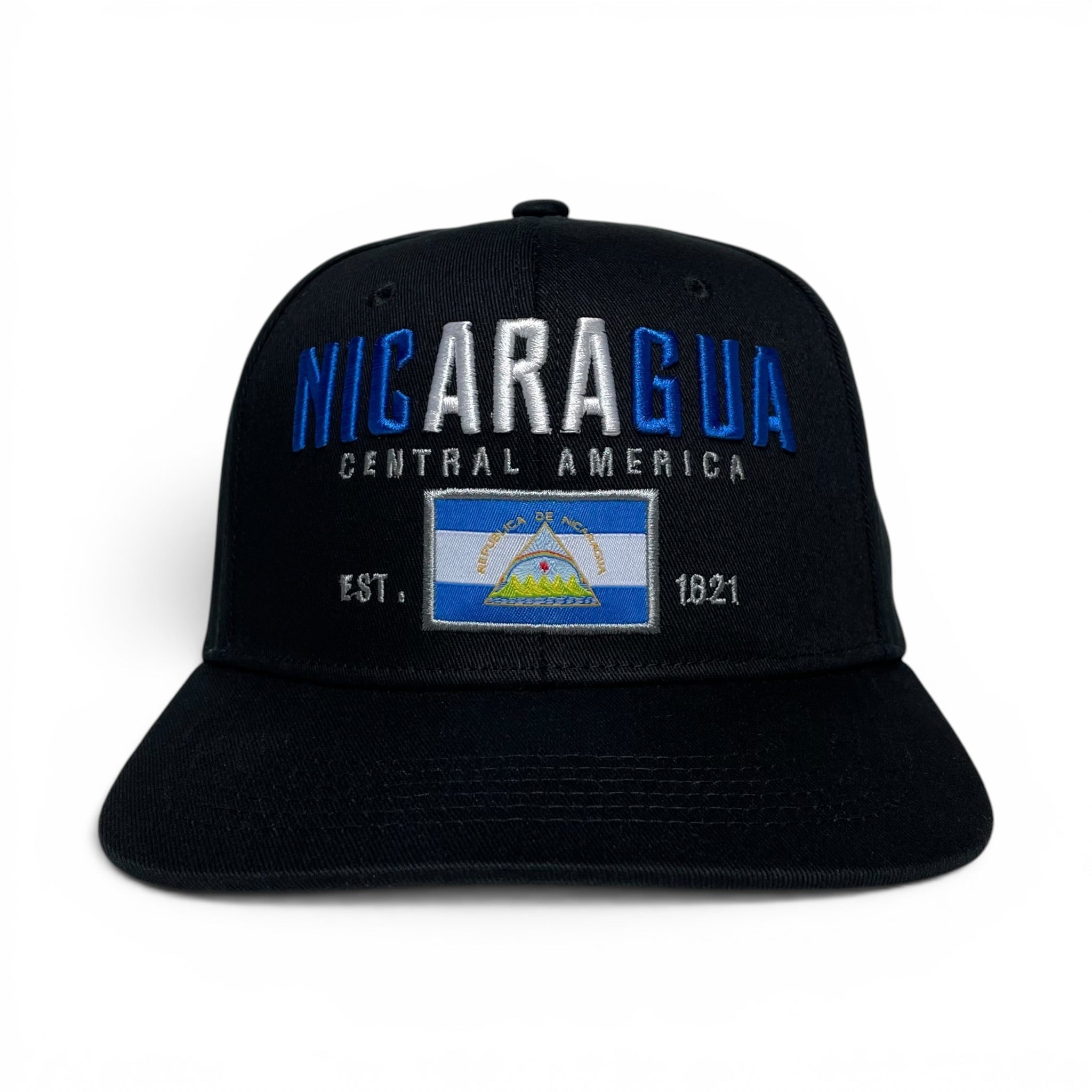 Gorra de Baseball Snapback Negra con Bandera de Nicaragua - Visera Plana