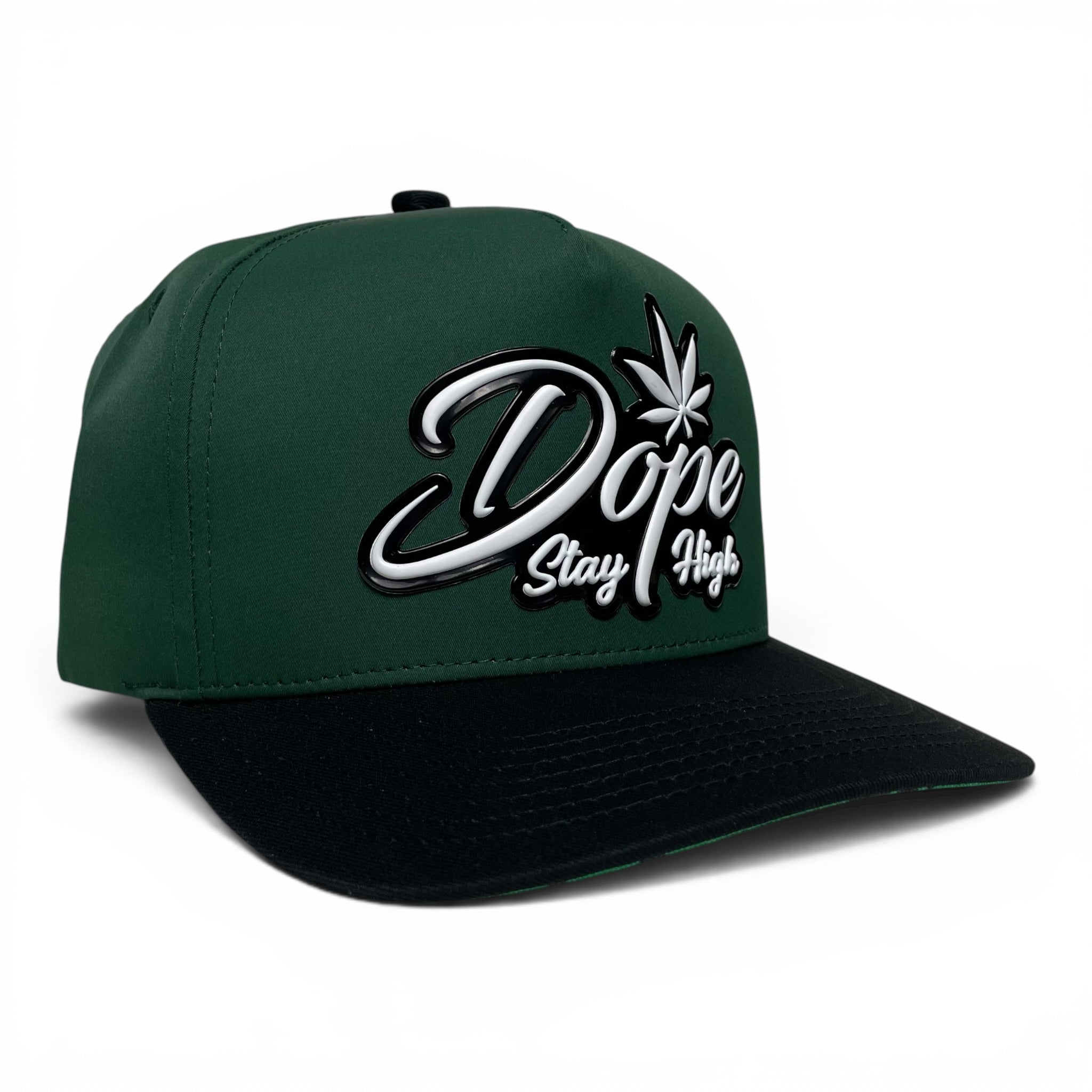 Dope Snapback Baseball Cap, 3D PVC Patch, Flat Brim, Green/Black
