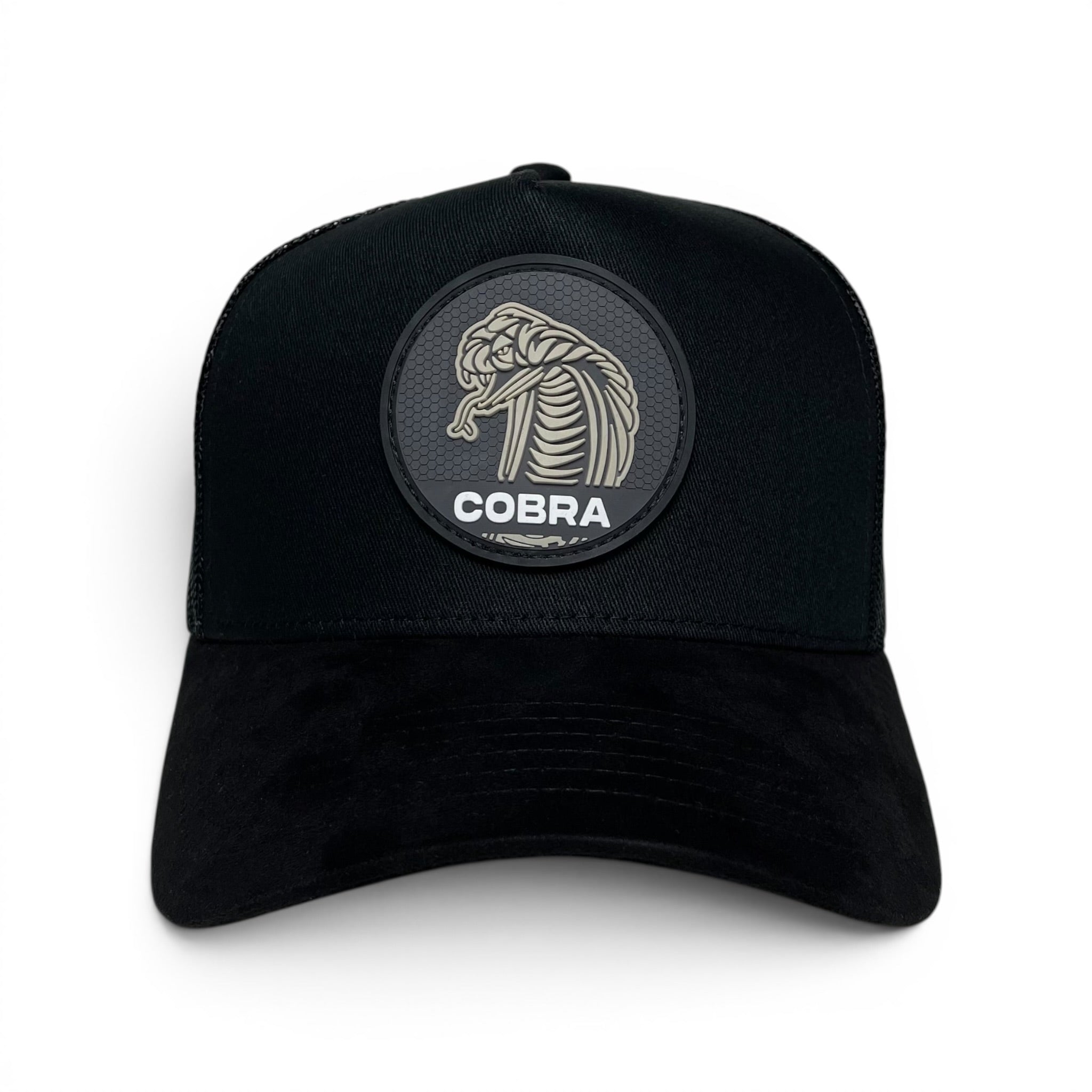 Cobra 3D PVC Patch Snapback Hat, Black, Mesh Back, Suede Brim
