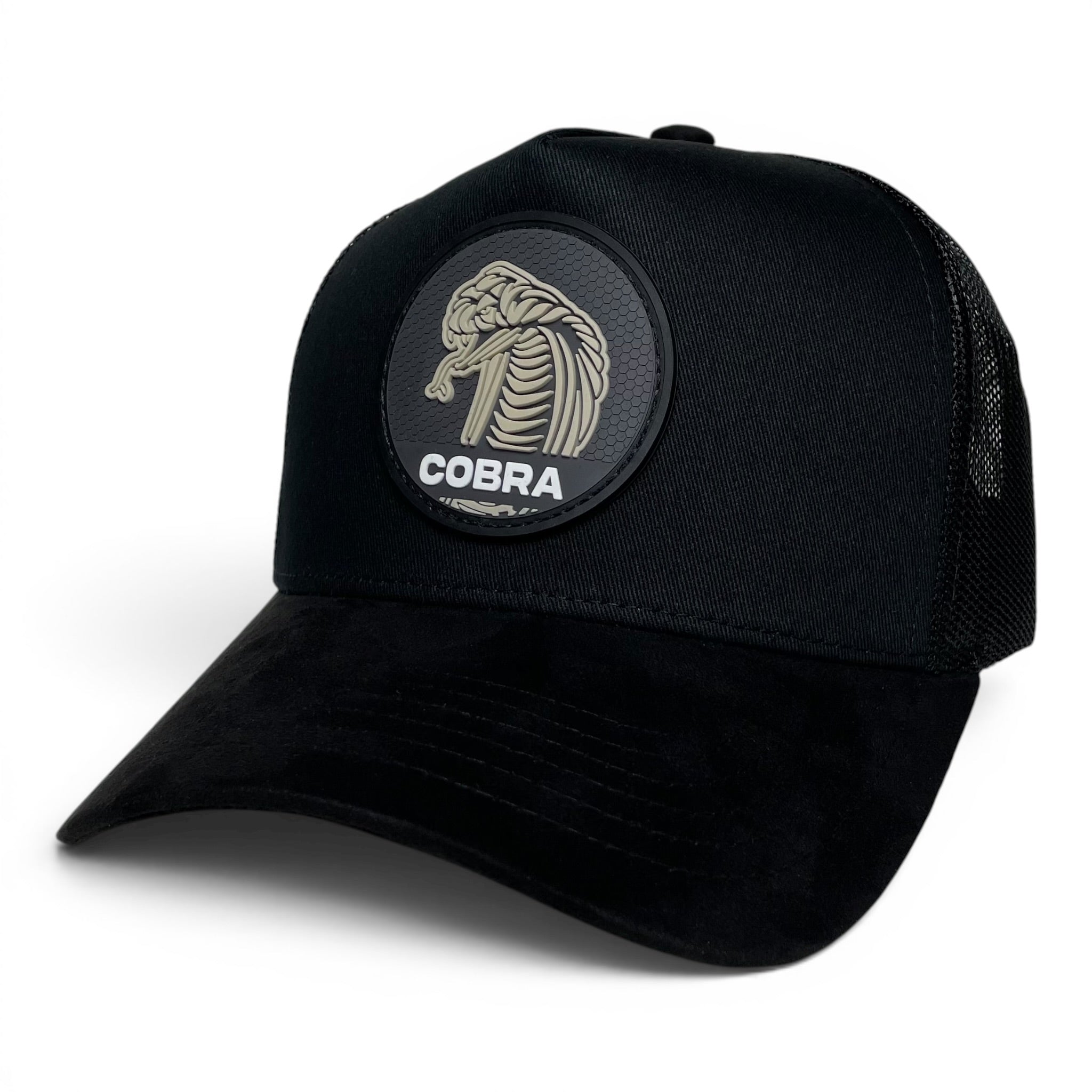 Cobra 3D PVC Patch Snapback Hat, Black, Mesh Back, Suede Brim