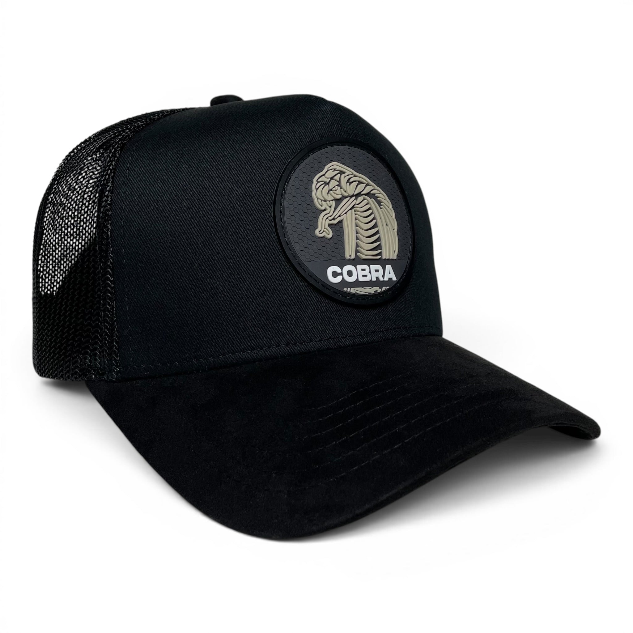 Cobra 3D PVC Patch Snapback Hat, Black, Mesh Back, Suede Brim