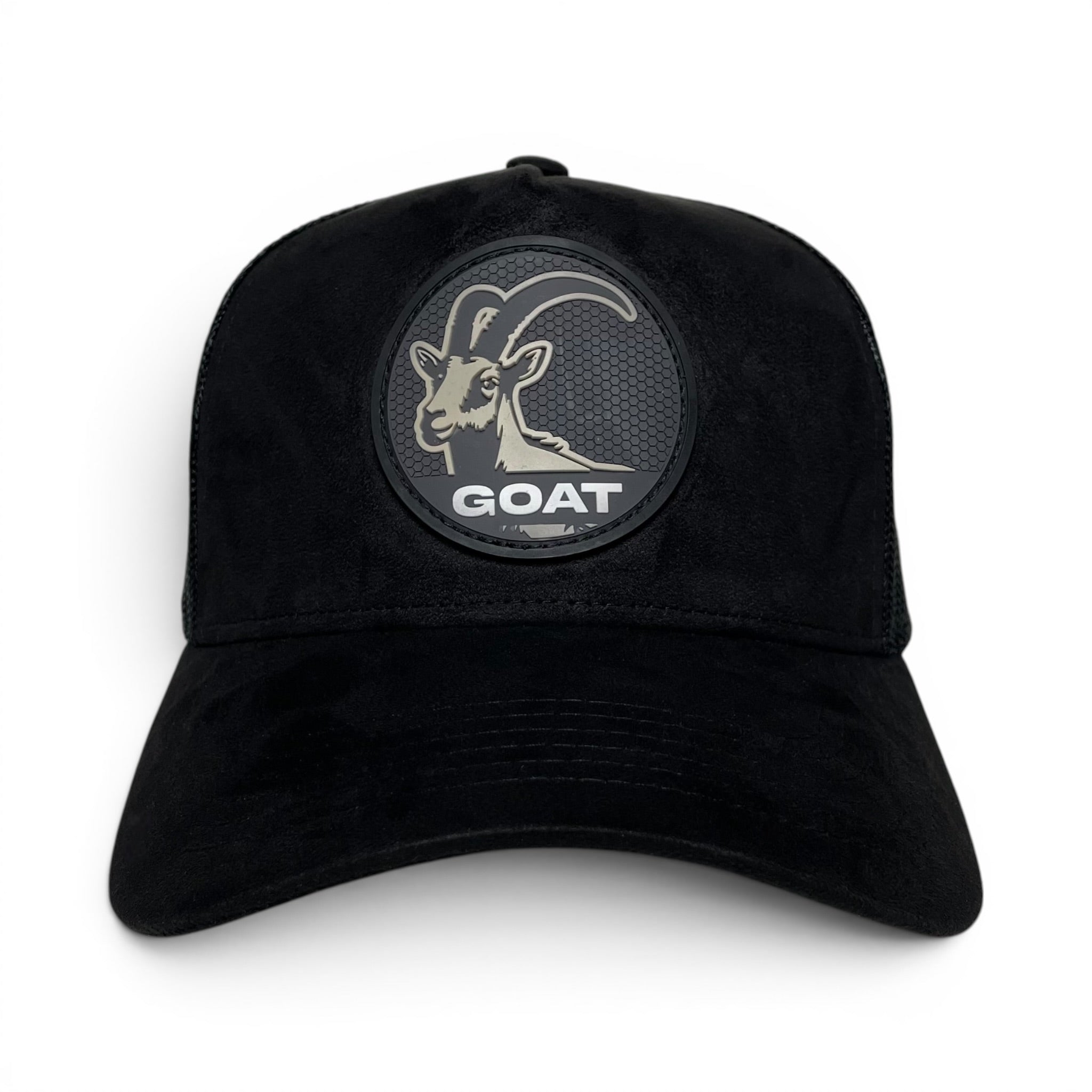 GOAT 3D PVC Patch Suede Snapback Hat, Black, Mesh Back, Curved Brim