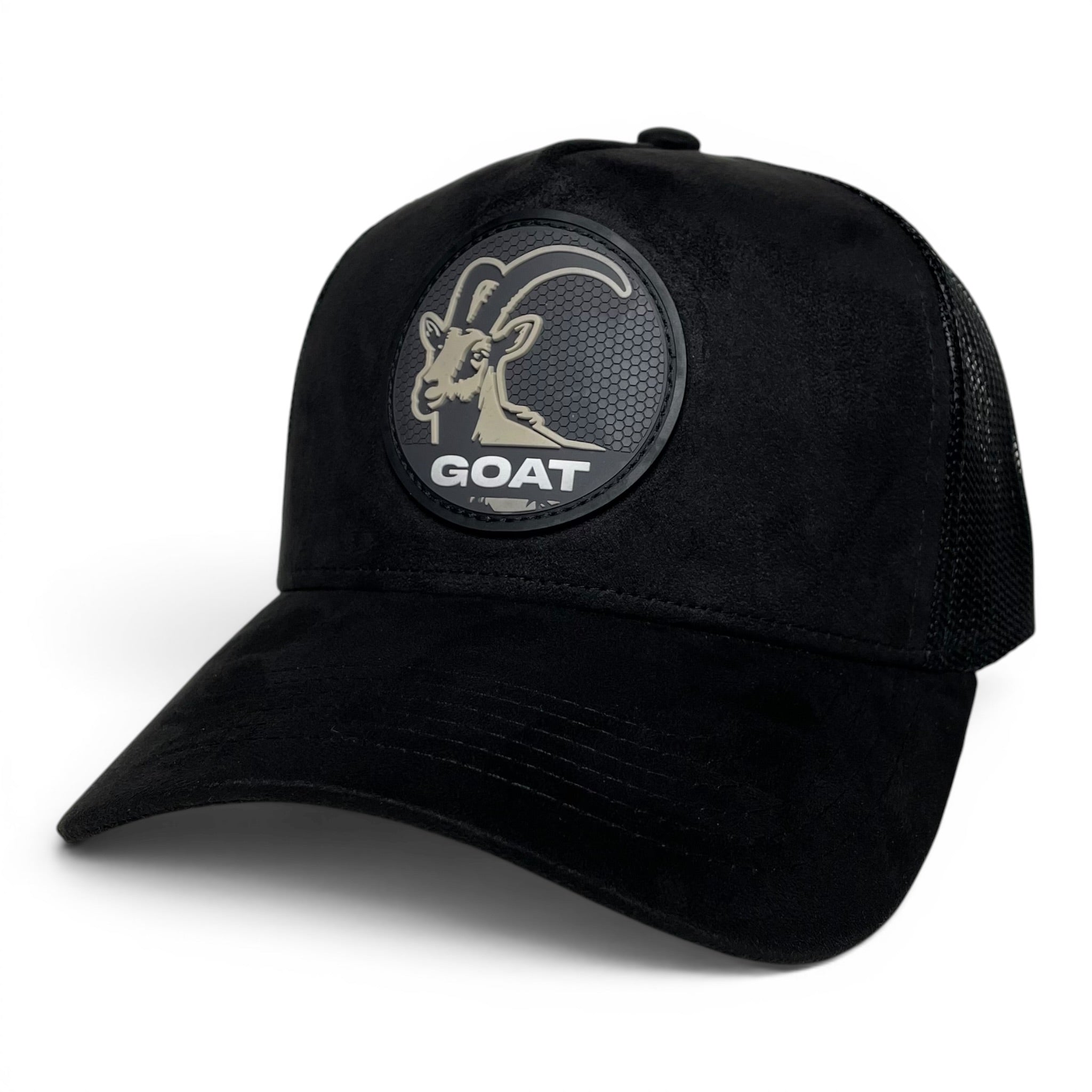 GOAT 3D PVC Patch Suede Snapback Hat, Black, Mesh Back, Curved Brim