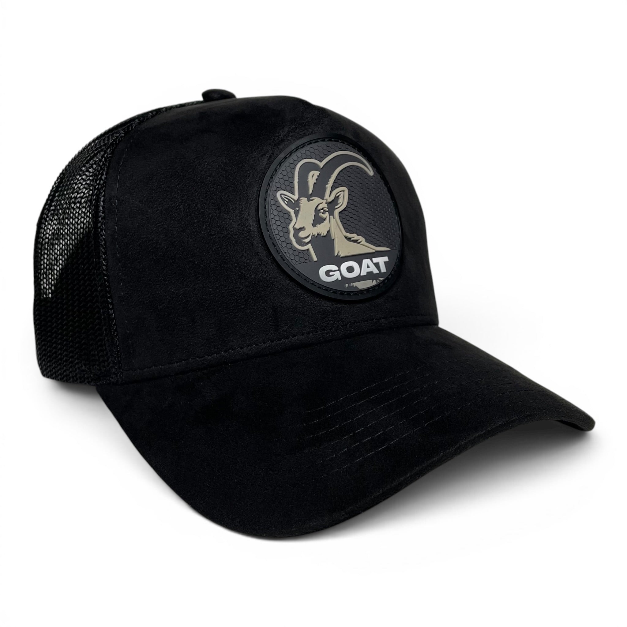 GOAT 3D PVC Patch Suede Snapback Hat, Black, Mesh Back, Curved Brim