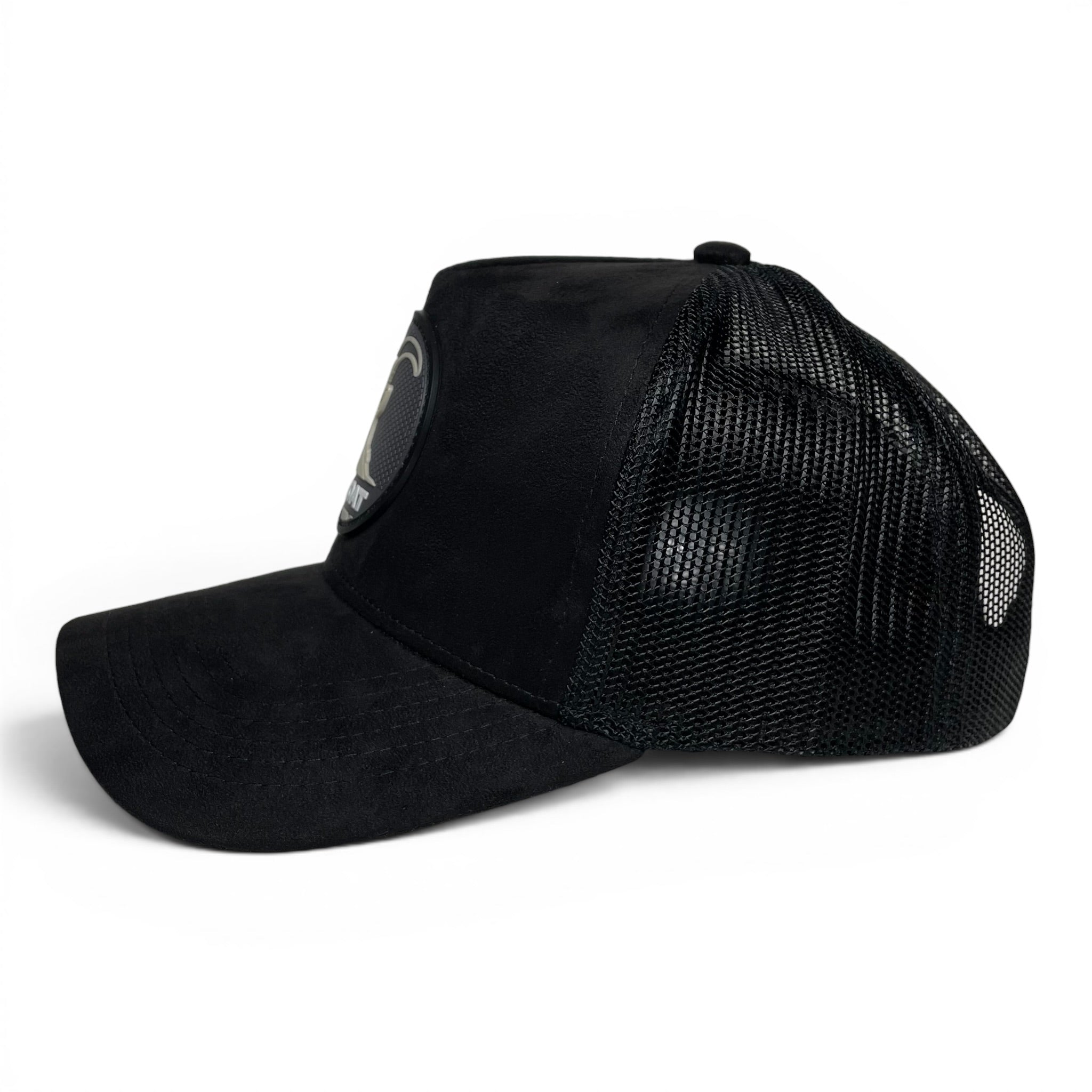 GOAT 3D PVC Patch Suede Snapback Hat, Black, Mesh Back, Curved Brim