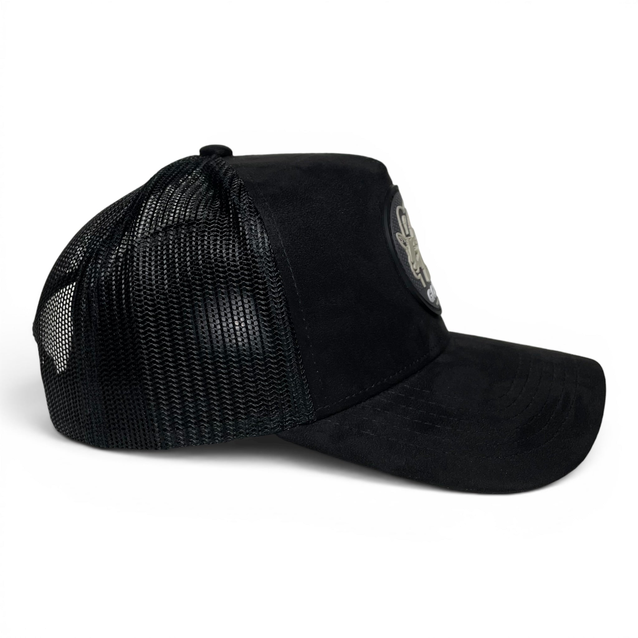 GOAT 3D PVC Patch Suede Snapback Hat, Black, Mesh Back, Curved Brim