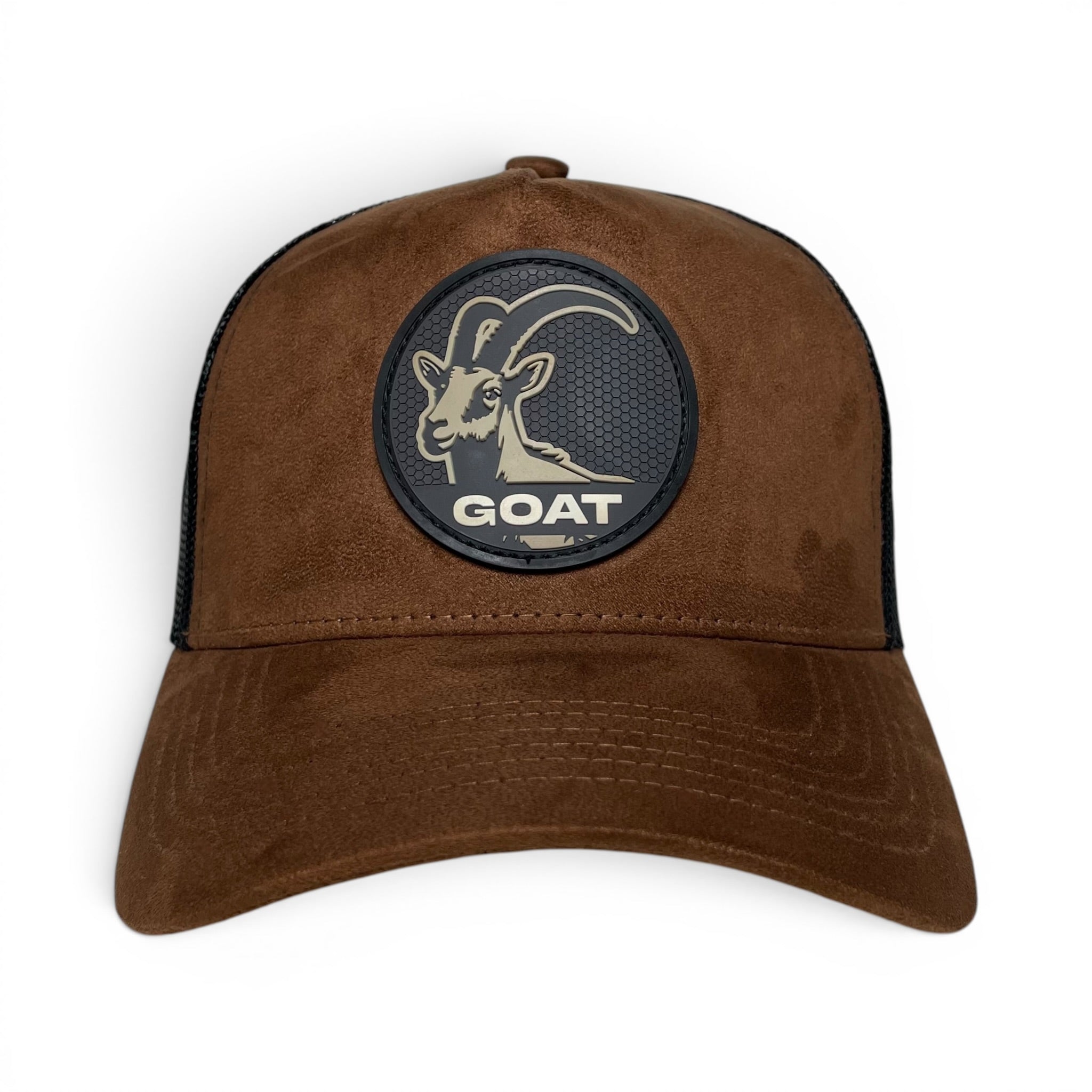 GOAT 3D PVC Patch Suede Snapback Hat, Brown, Mesh Back, Curved Brim