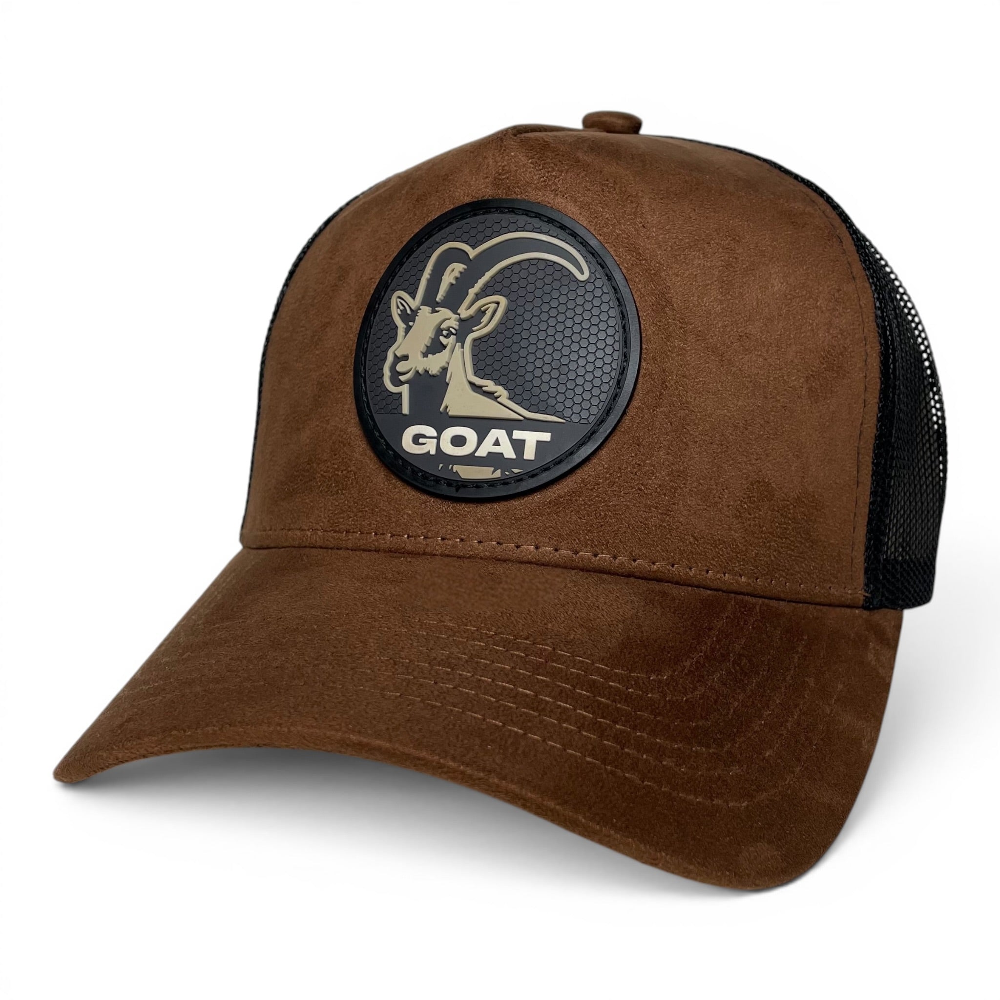 GOAT 3D PVC Patch Suede Snapback Hat, Brown, Mesh Back, Curved Brim