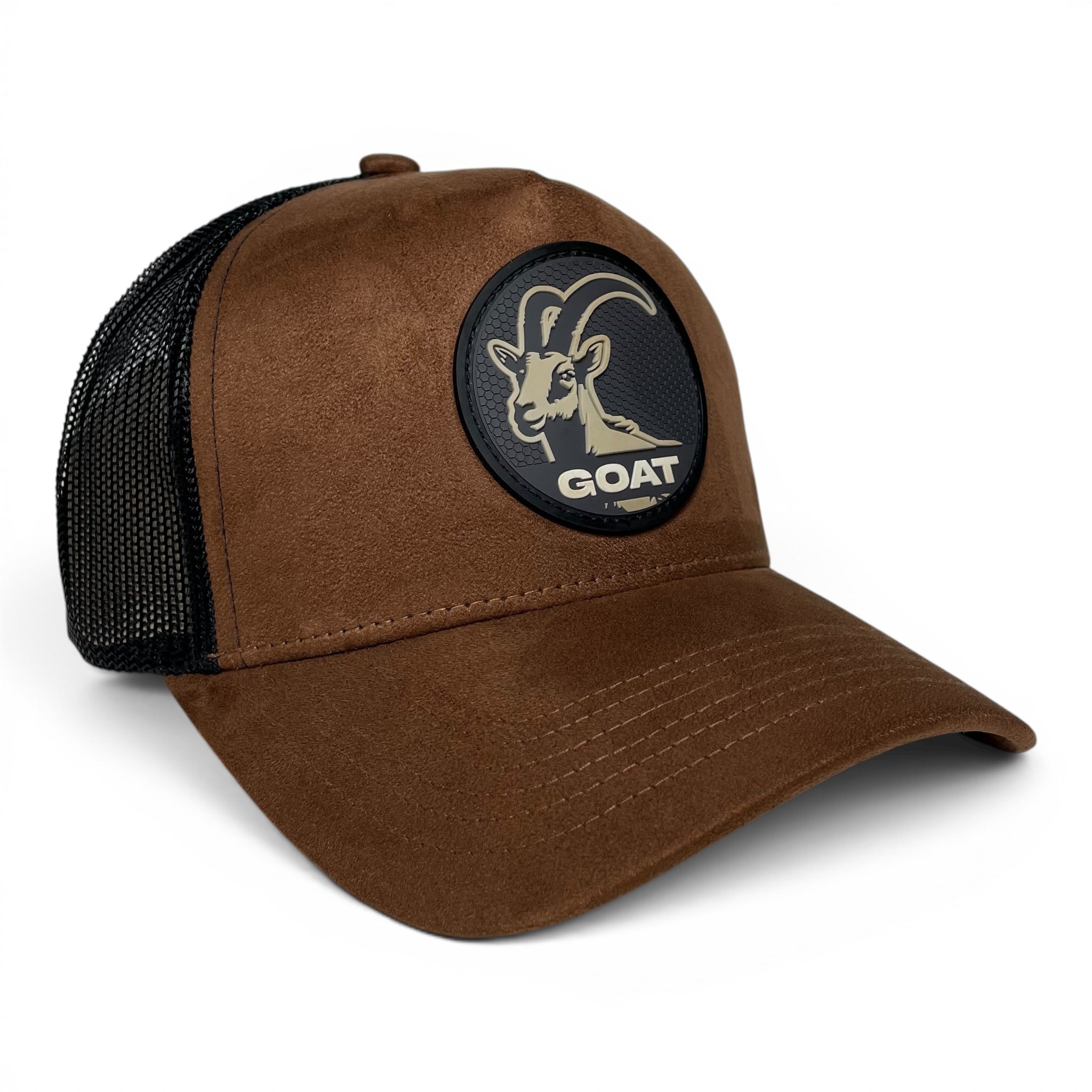 GOAT 3D PVC Patch Suede Snapback Hat, Brown, Mesh Back, Curved Brim
