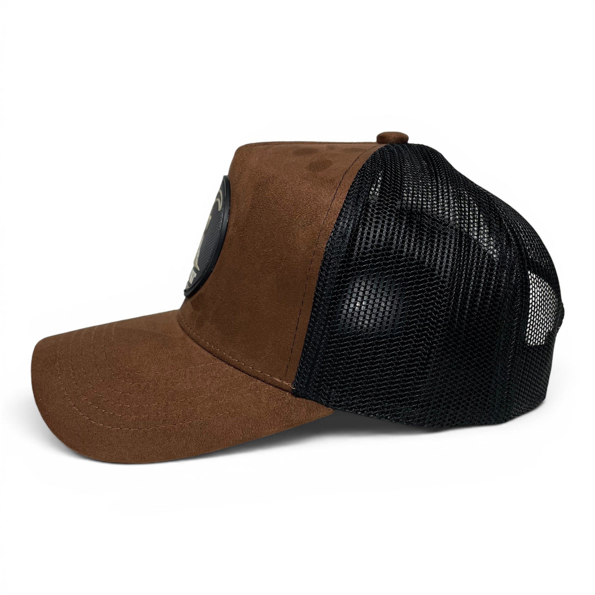 GOAT 3D PVC Patch Suede Snapback Hat, Brown, Mesh Back, Curved Brim
