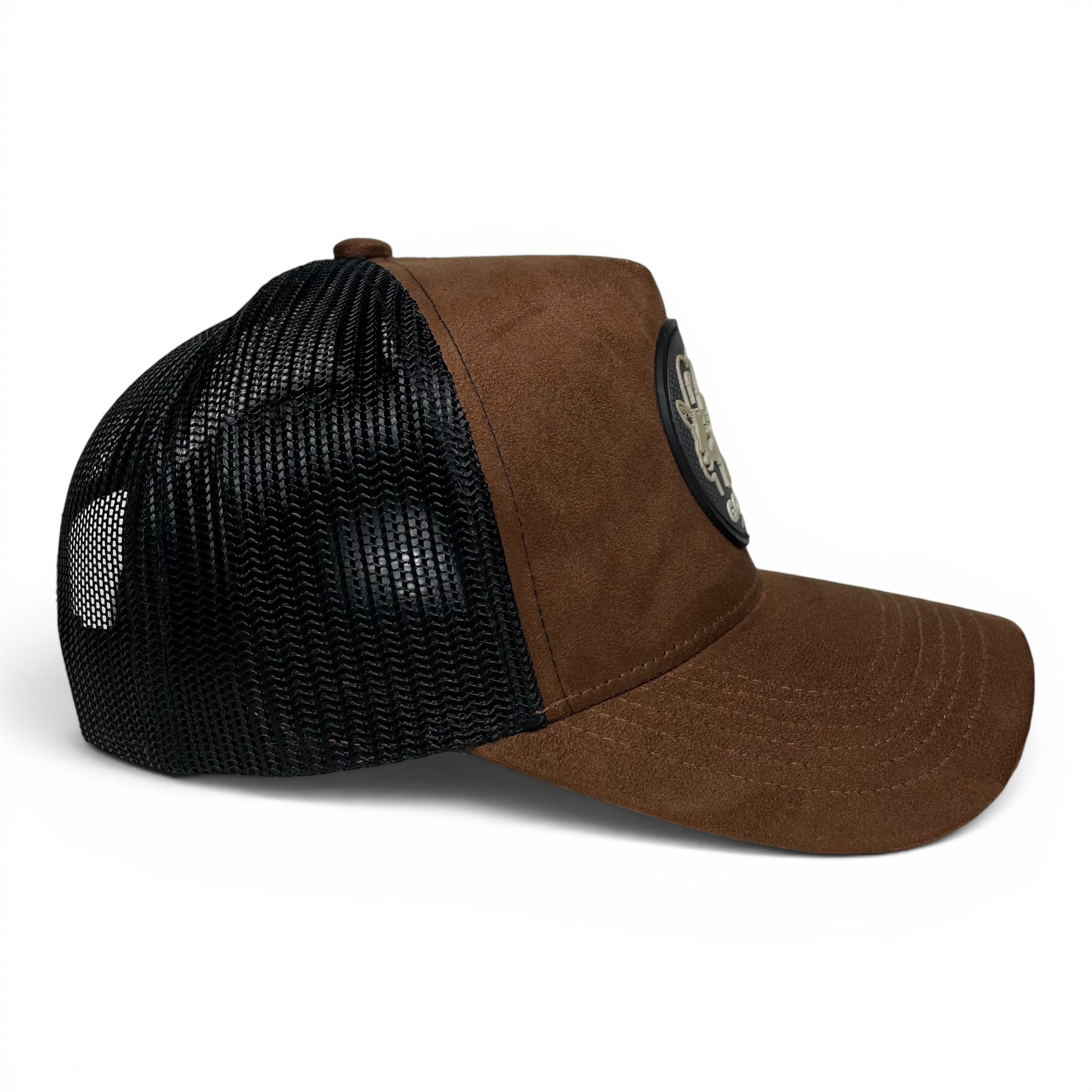 GOAT 3D PVC Patch Suede Snapback Hat, Brown, Mesh Back, Curved Brim