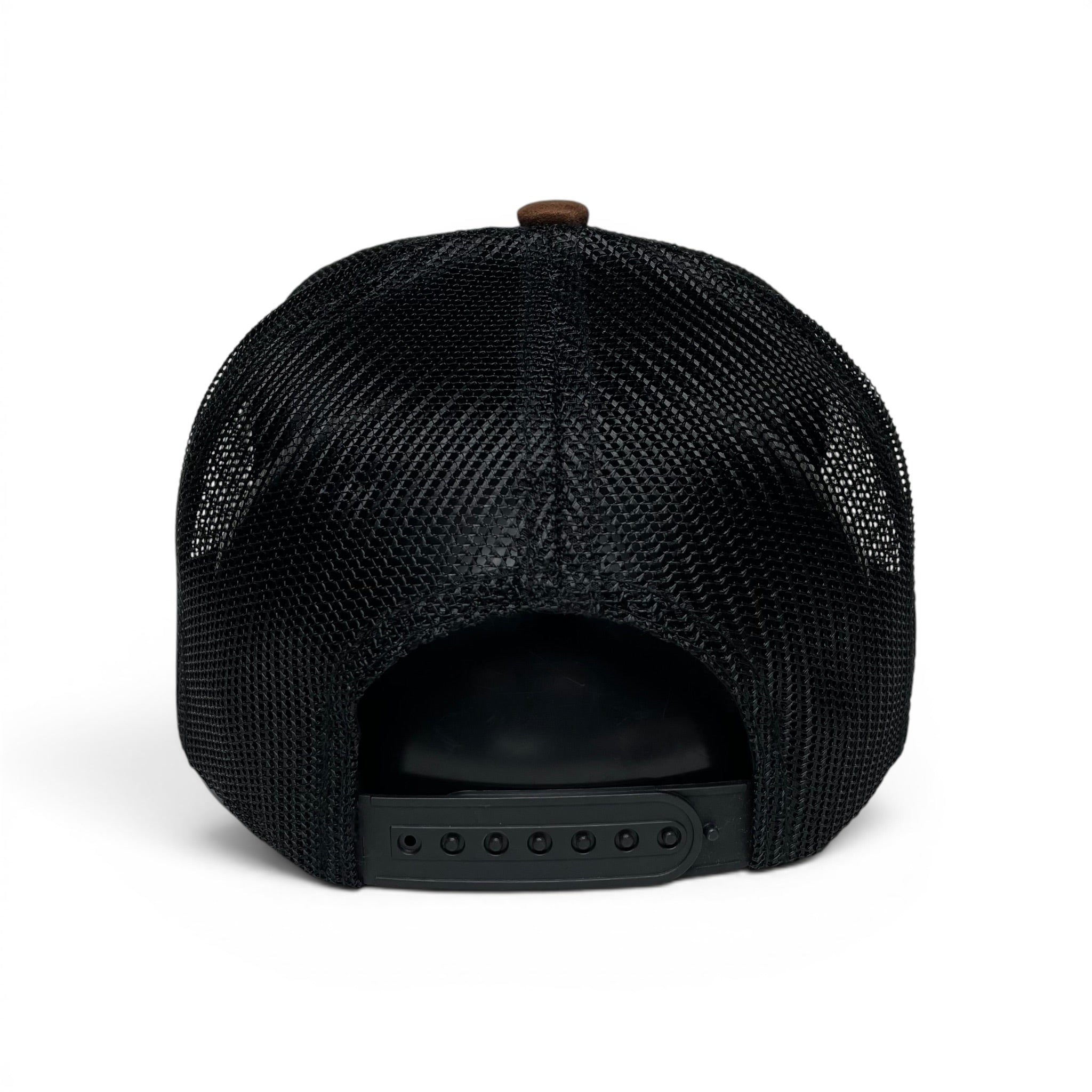 GOAT 3D PVC Patch Suede Snapback Hat, Brown, Mesh Back, Curved Brim