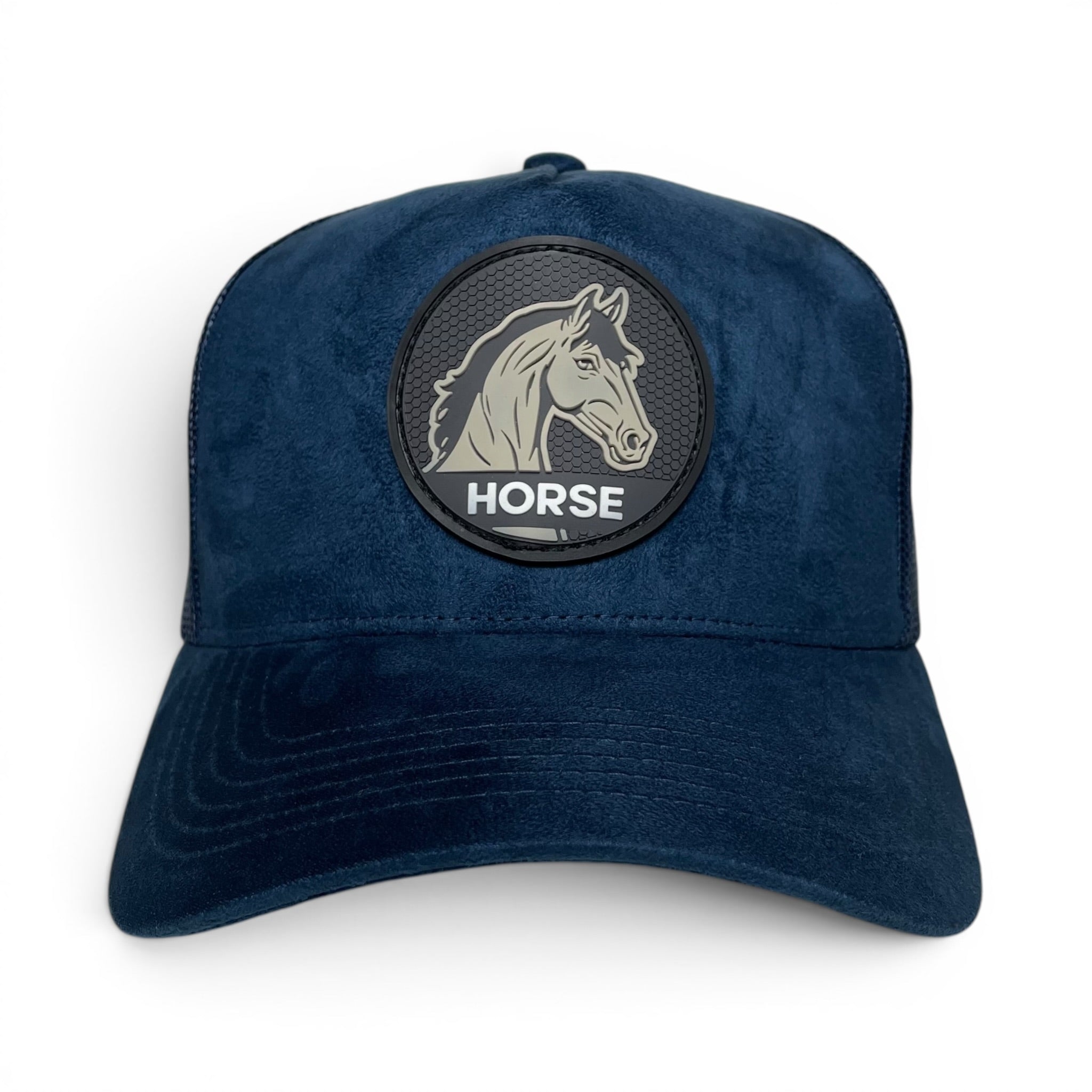 Horse 3D PVC Patch Suede Snapback Hat – Navy Blue, Mesh Back, Curved Brim
