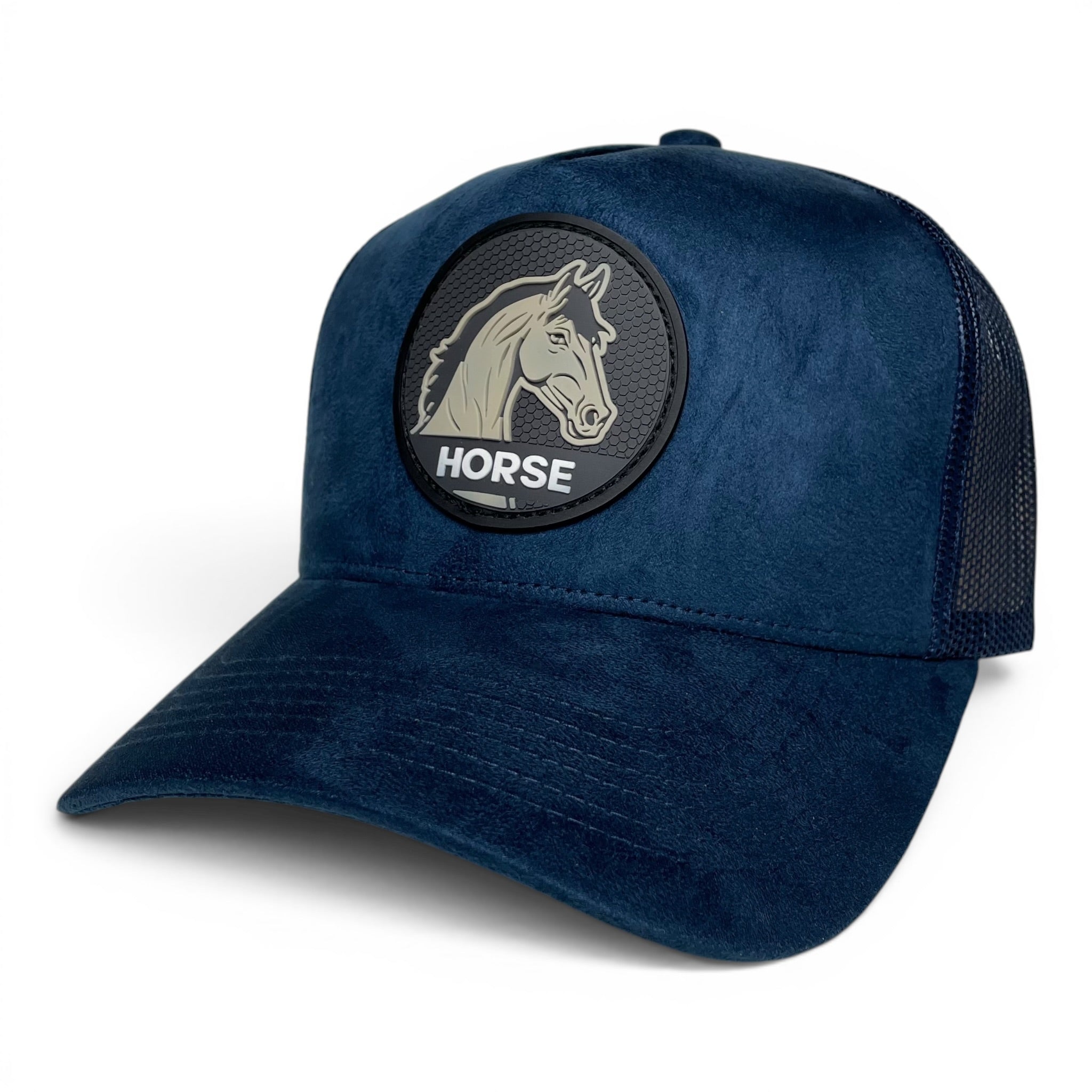 Horse 3D PVC Patch Suede Snapback Hat – Navy Blue, Mesh Back, Curved Brim