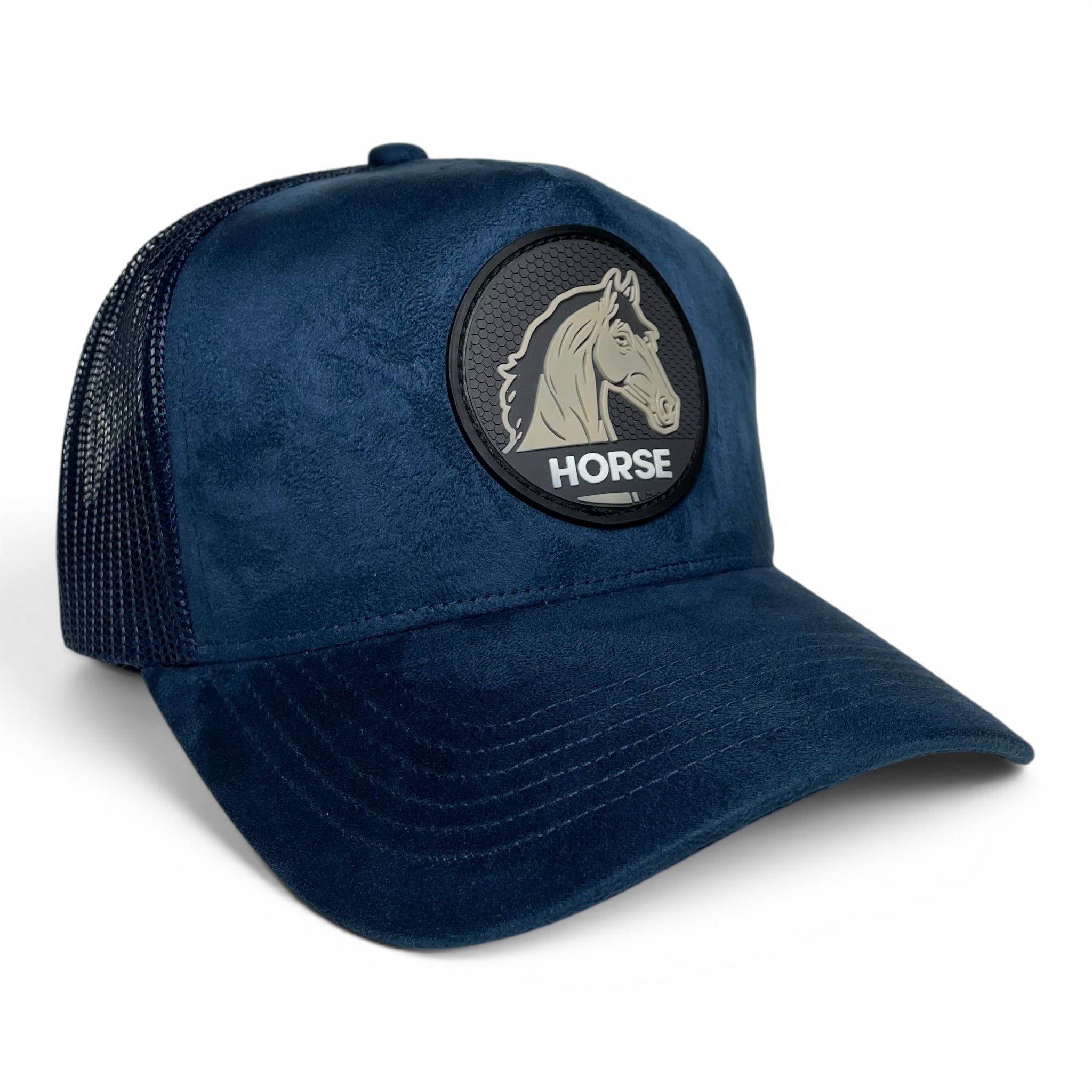 Horse 3D PVC Patch Suede Snapback Hat – Navy Blue, Mesh Back, Curved Brim