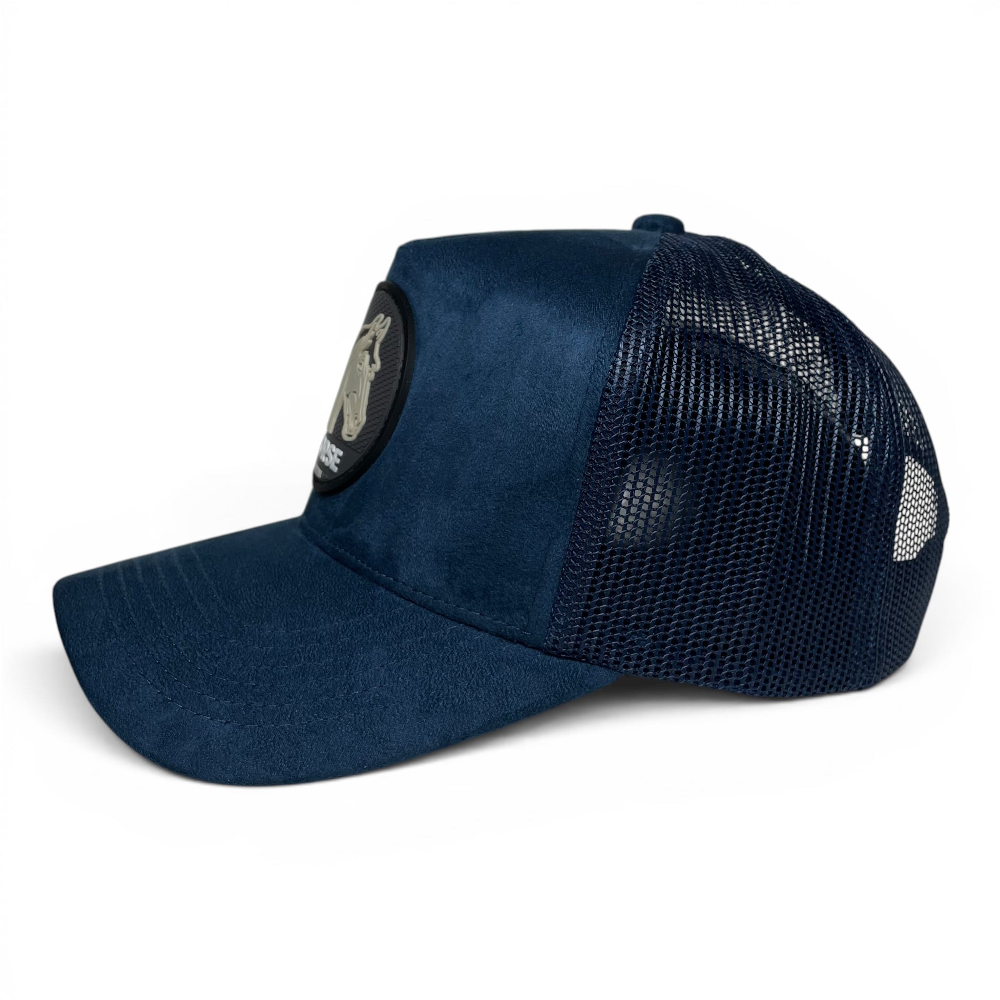 Horse 3D PVC Patch Suede Snapback Hat – Navy Blue, Mesh Back, Curved Brim