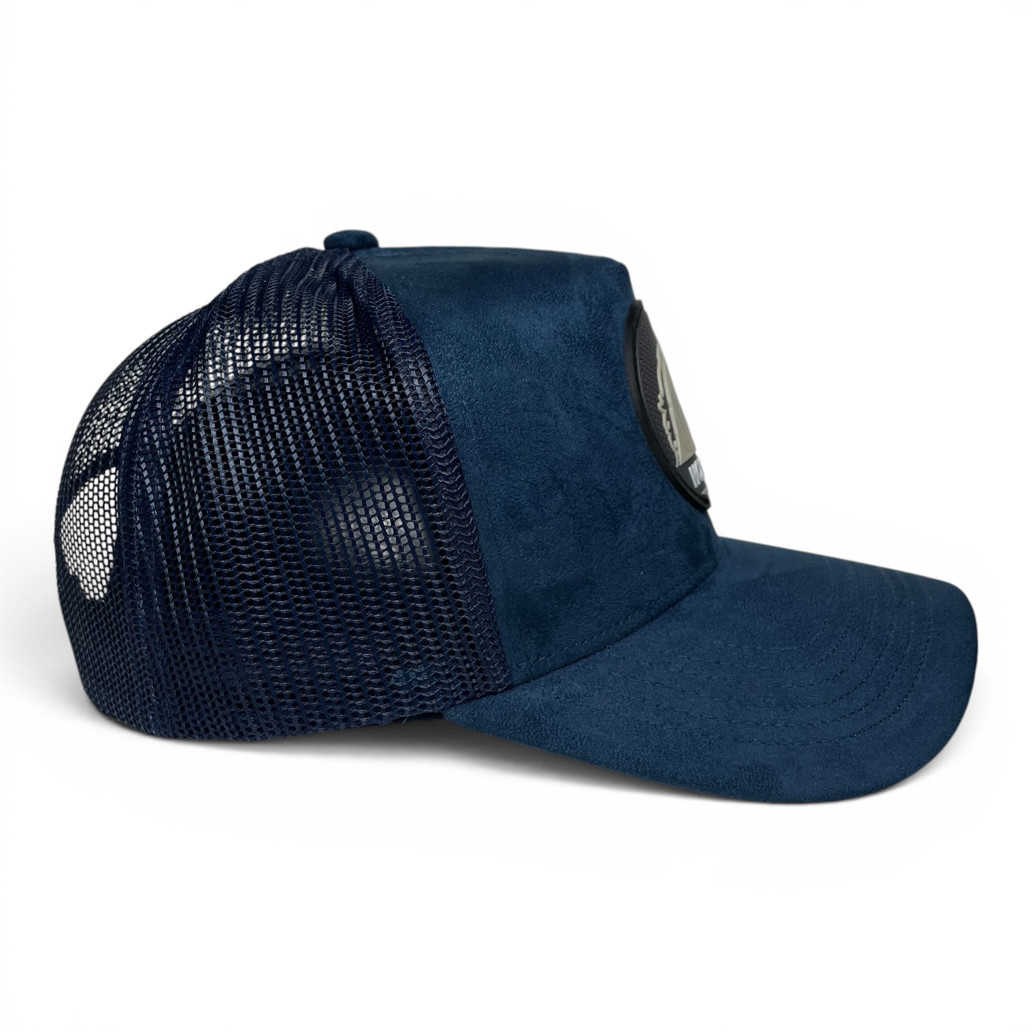 Horse 3D PVC Patch Suede Snapback Hat – Navy Blue, Mesh Back, Curved Brim