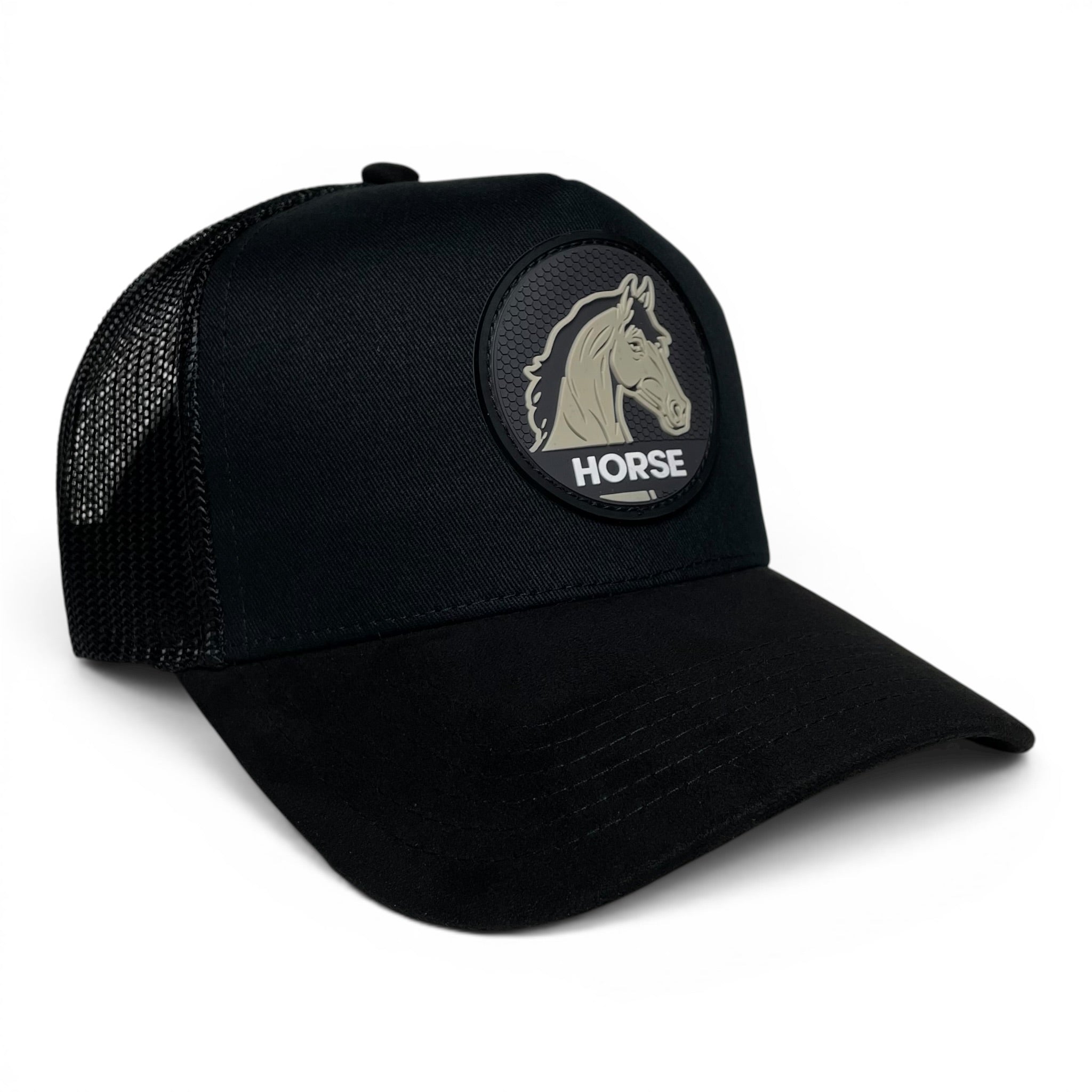 Horse 3D PVC Patch Snapback Hat – Black, Mesh Back, Suede Brim