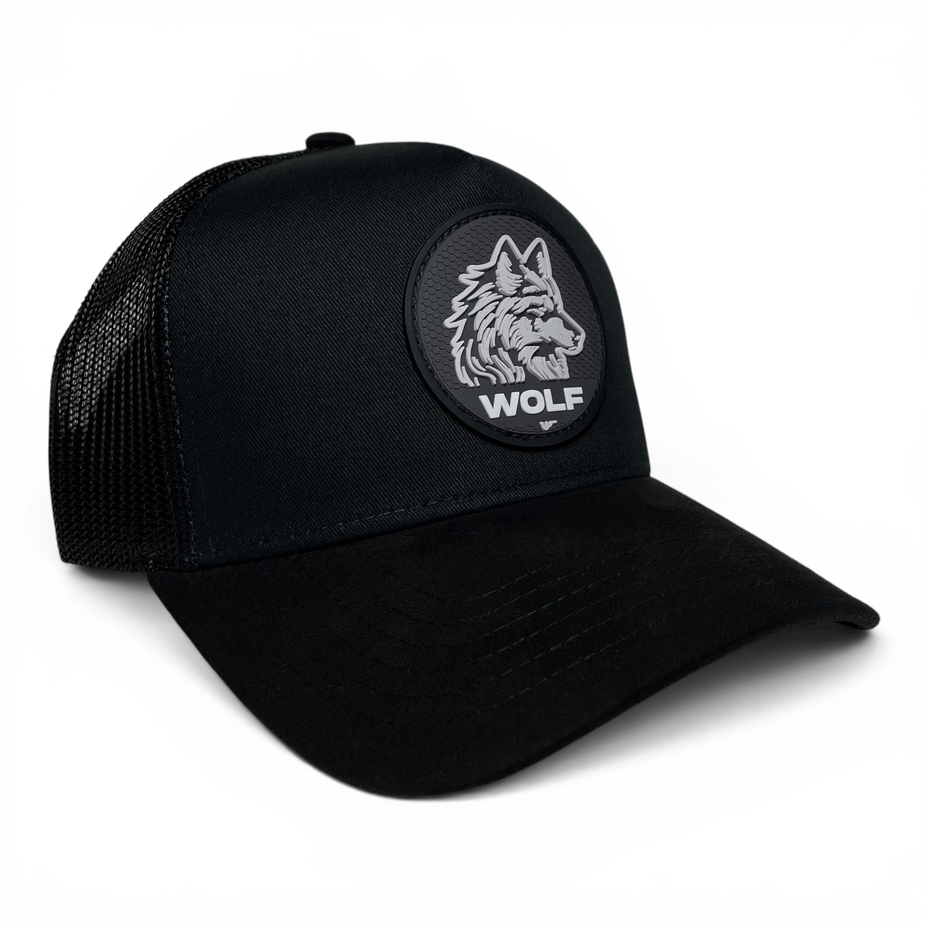 Wolf 3D PVC Patch Snapback Hat – Black, Mesh Back, Suede Brim